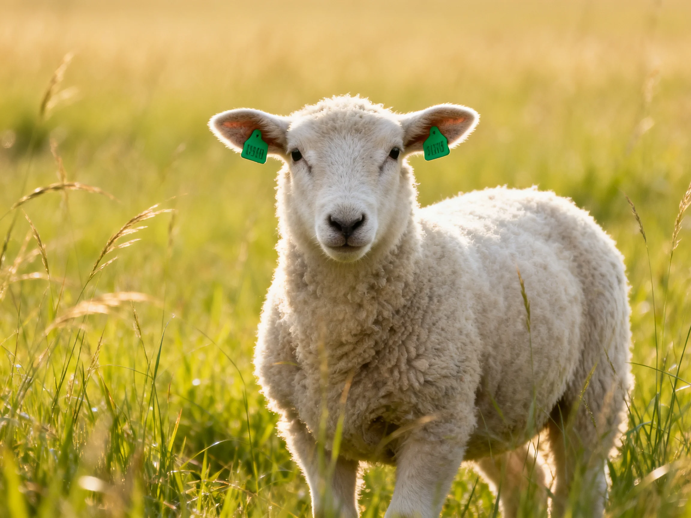 A fluffy white lamb with green ear tags in golden grass