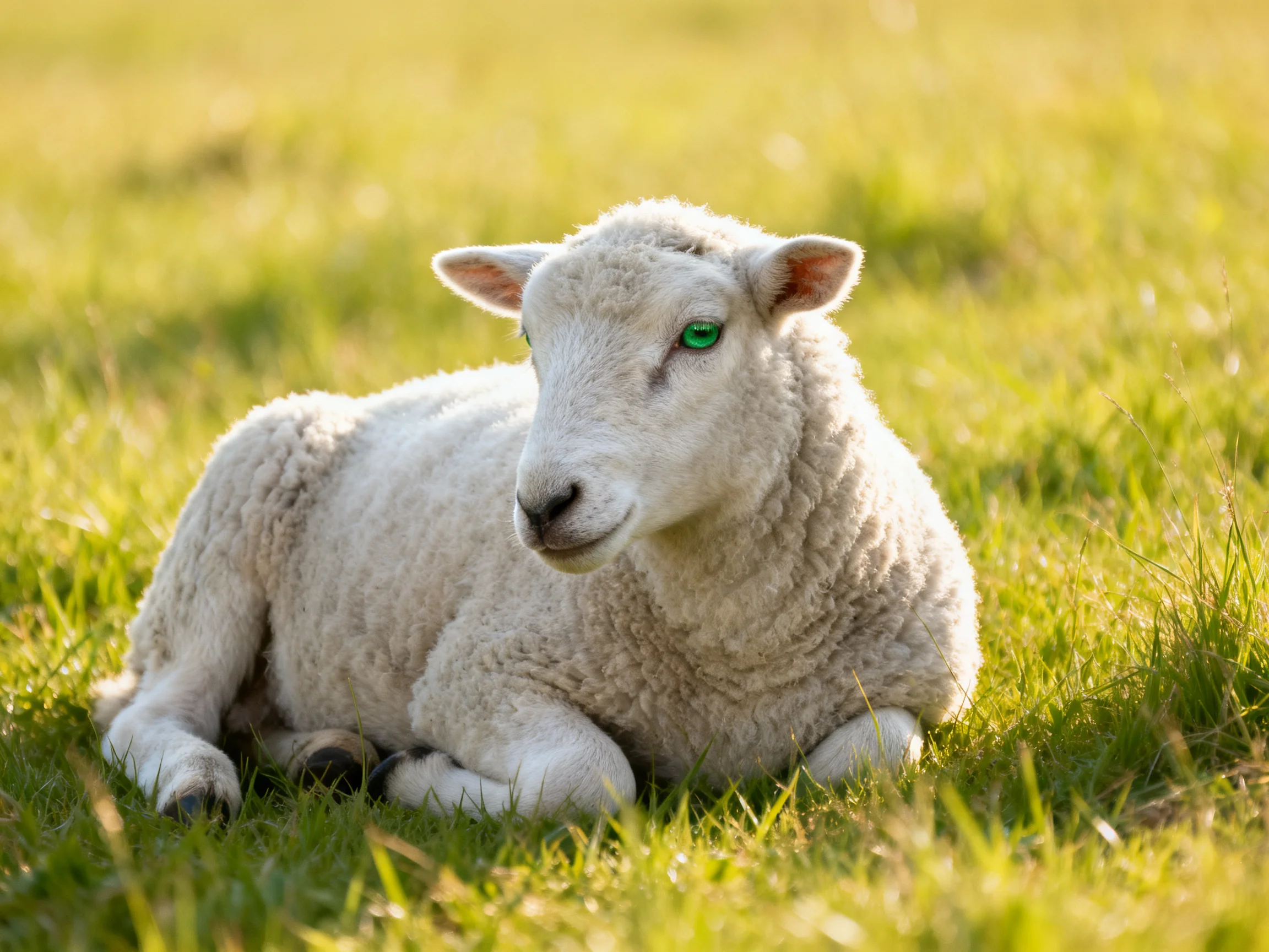 A fluffy white lamb with green eyes rests on sunlit grass