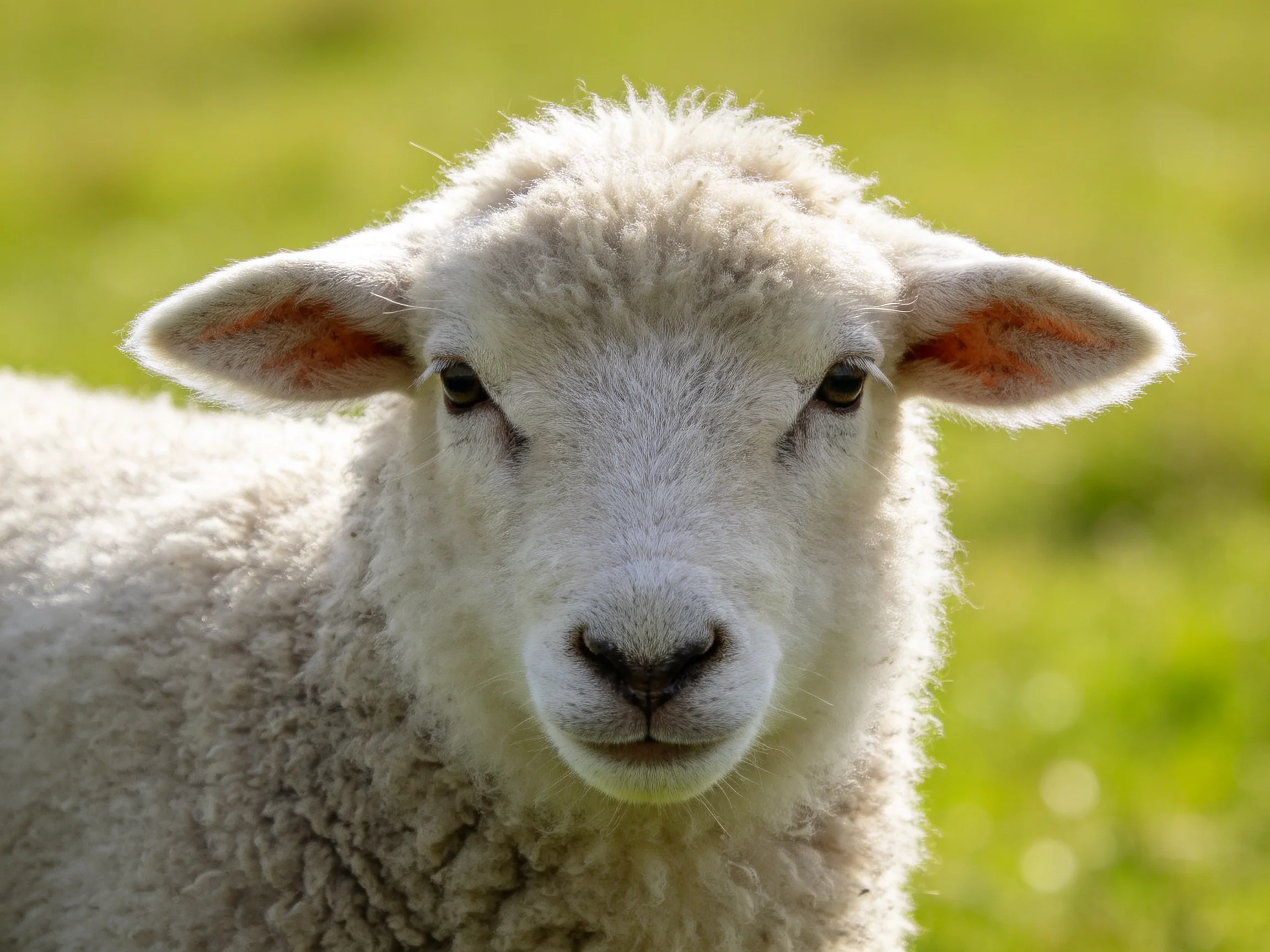 A fluffy white lamb with soft wool in a green field