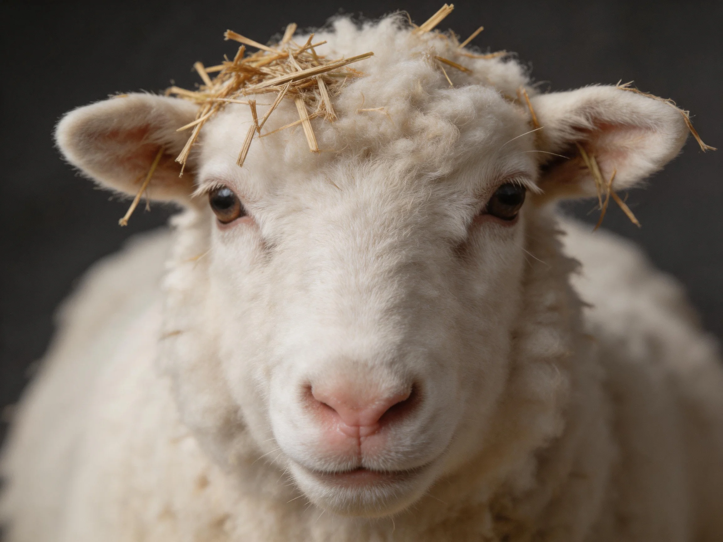 A fluffy white lamb with straw on its head against a dark backdrop