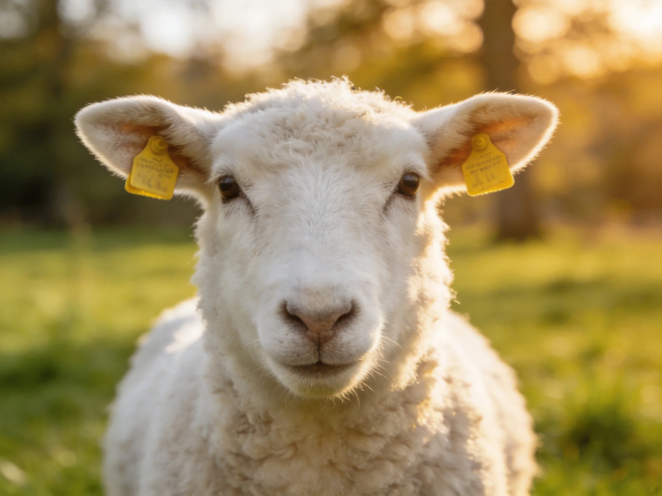 A fluffy white lamb with yellow ear tags in a sunlit pasture