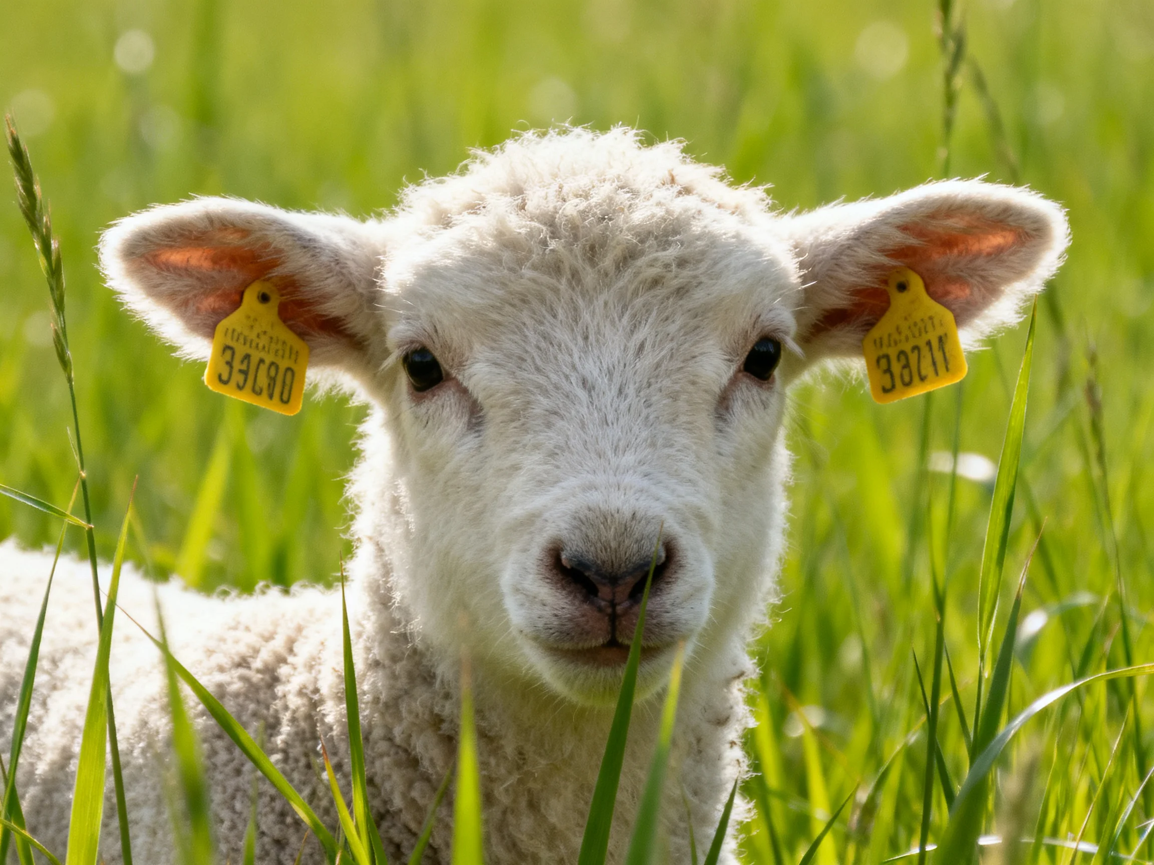 A fluffy white lamb with yellow ear tags in lush green grass