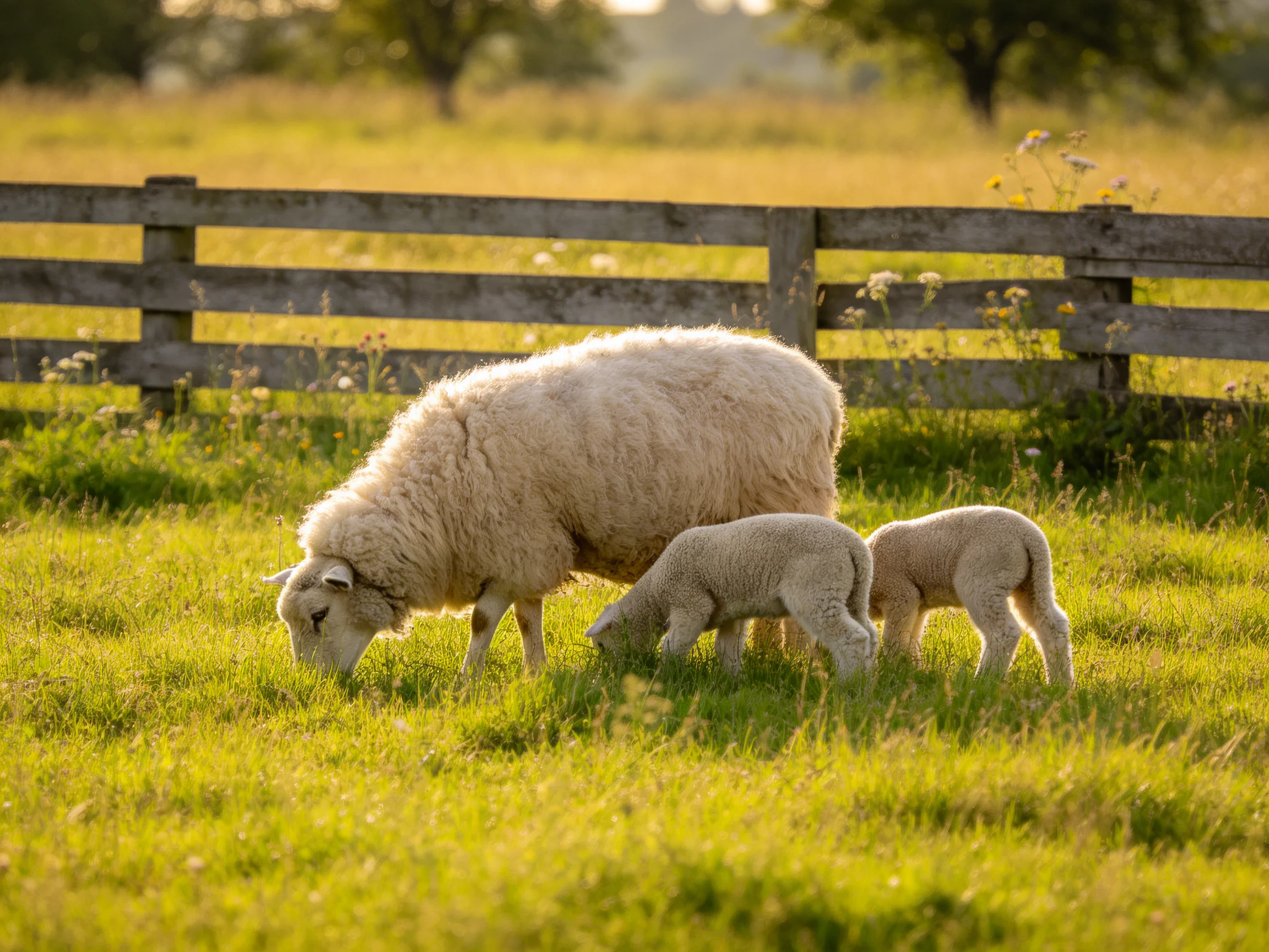 A fluffy white sheep and two lambs graze in a sunlit green pasture