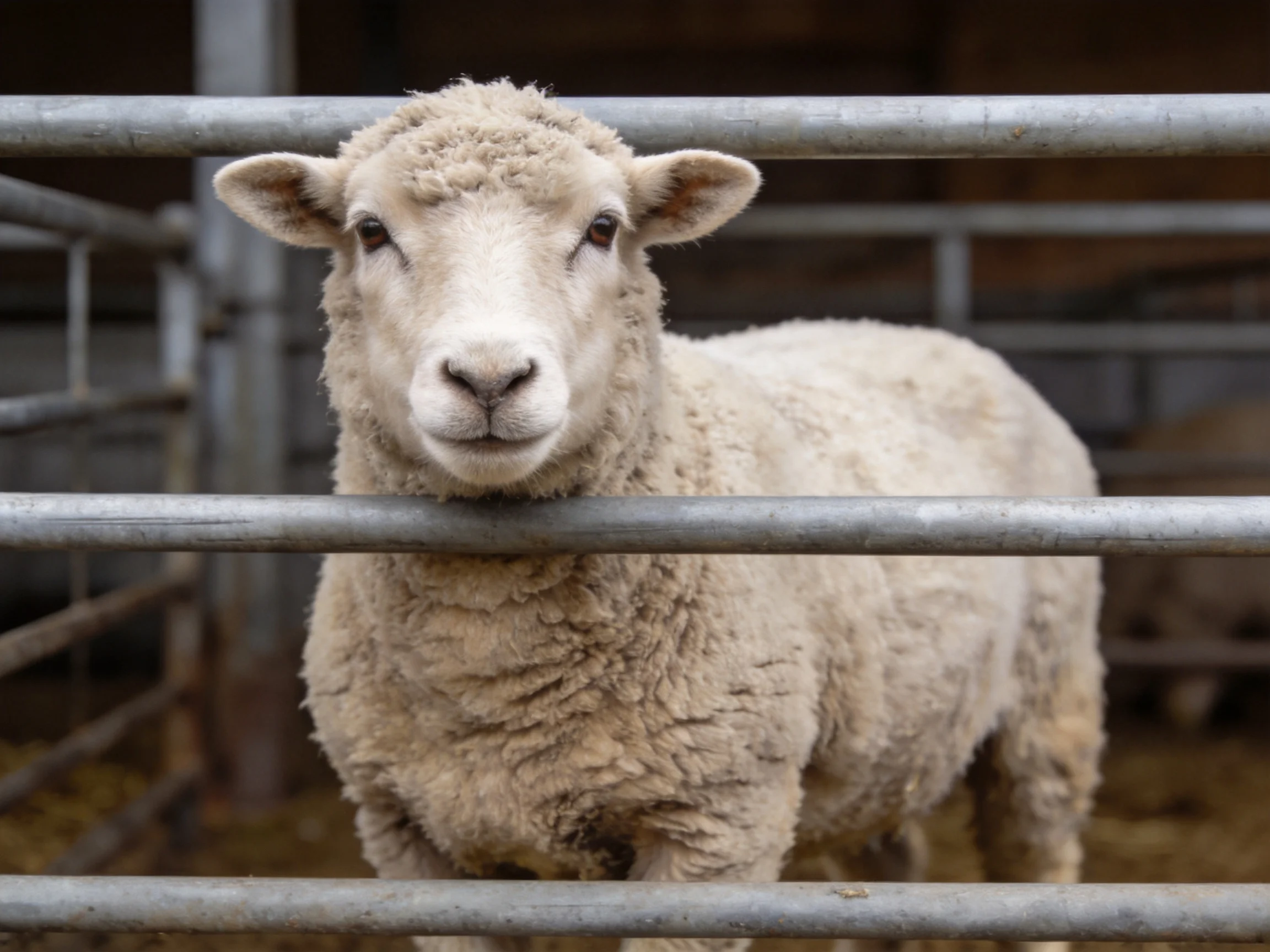 A fluffy white sheep behind metal bars in a barn enclosure.