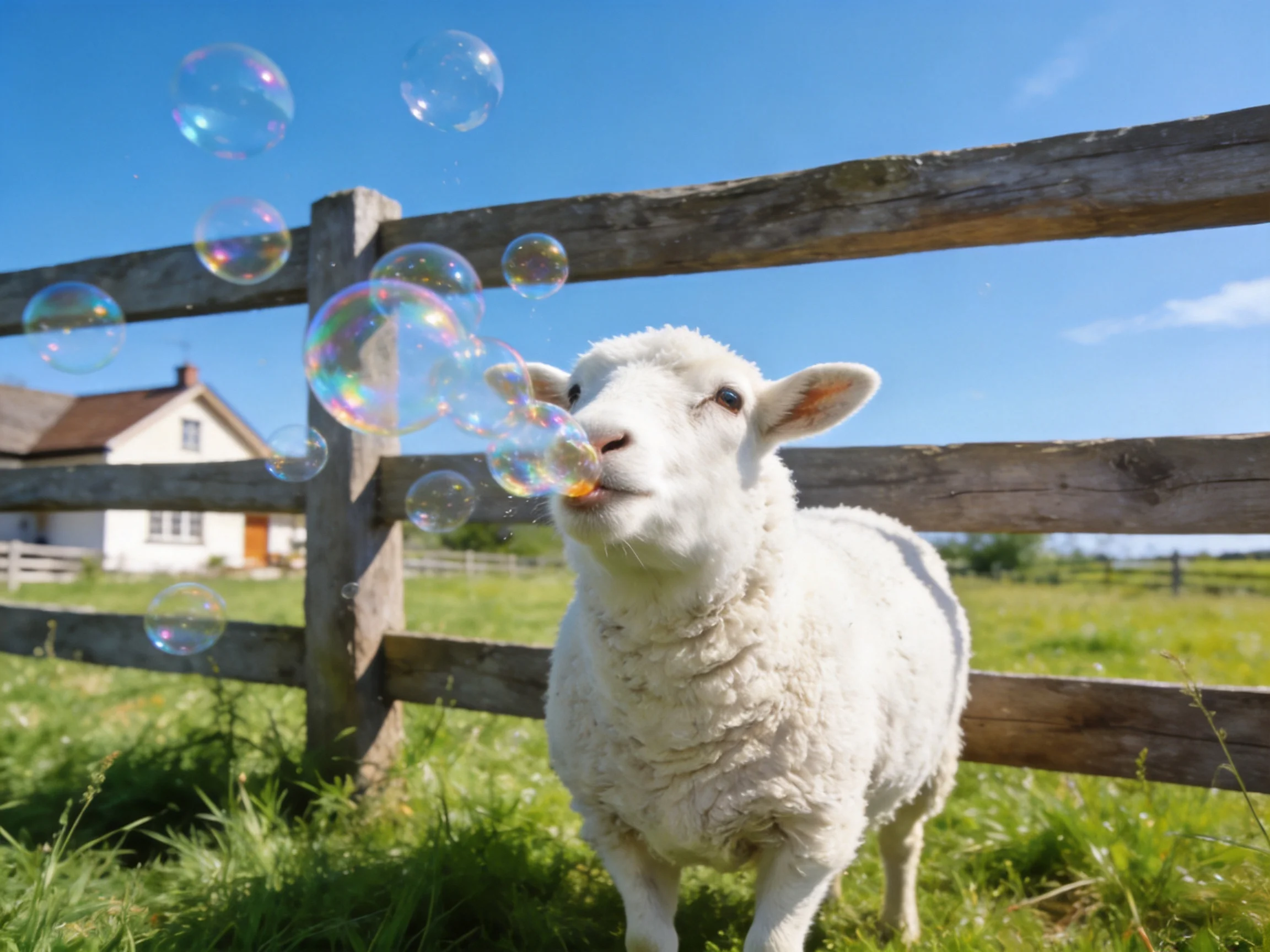 A fluffy white sheep blowing colorful bubbles near wooden fence