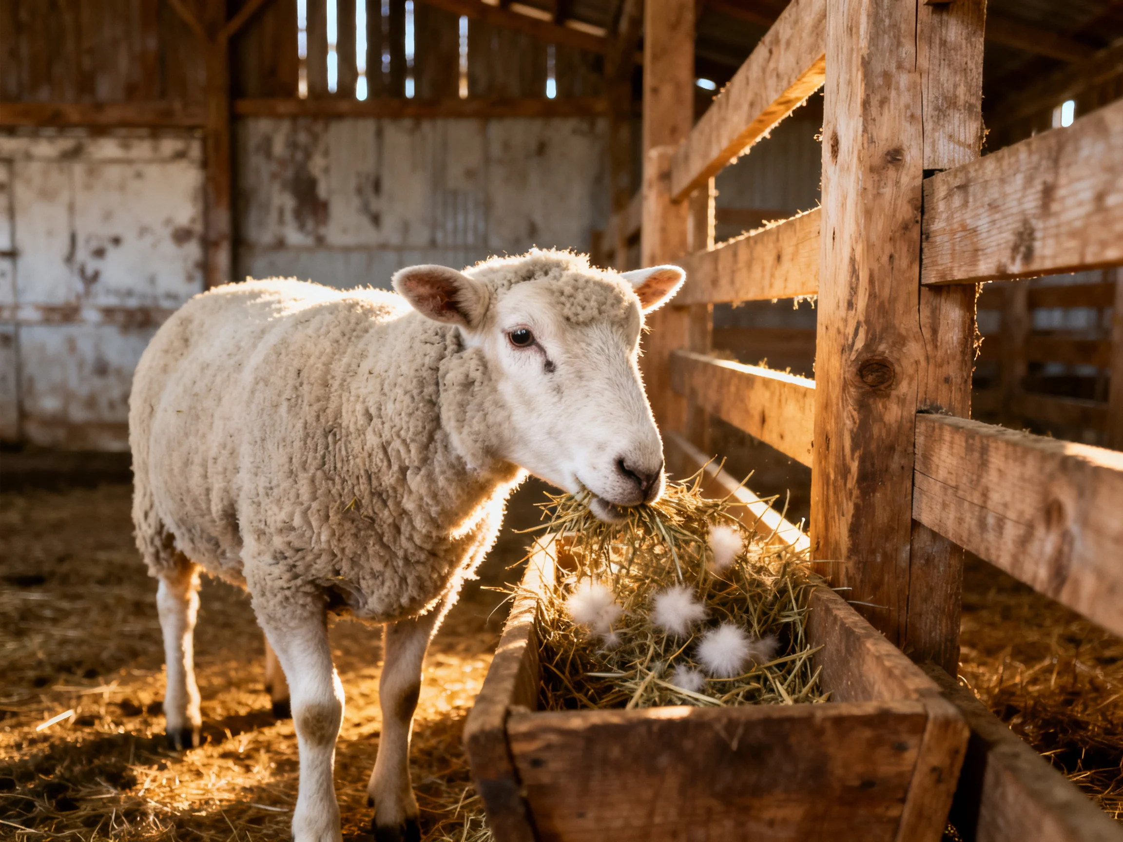 A fluffy white sheep eating hay near a wooden barn fence