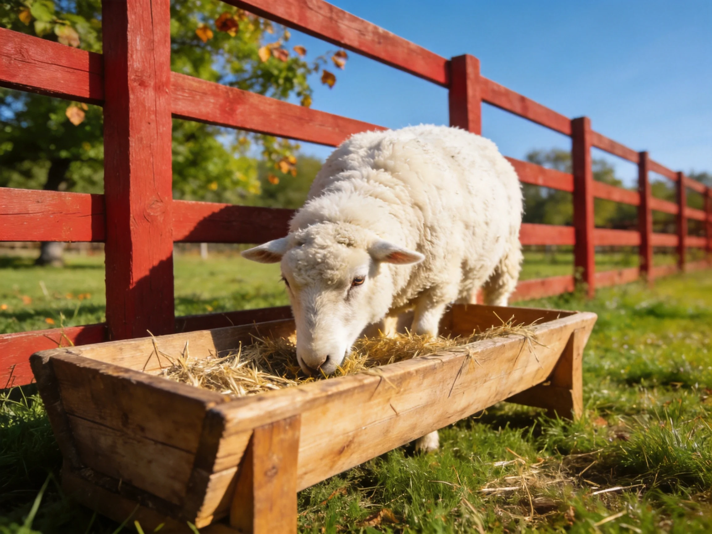A fluffy white sheep eats hay from a wooden trough near a red fence