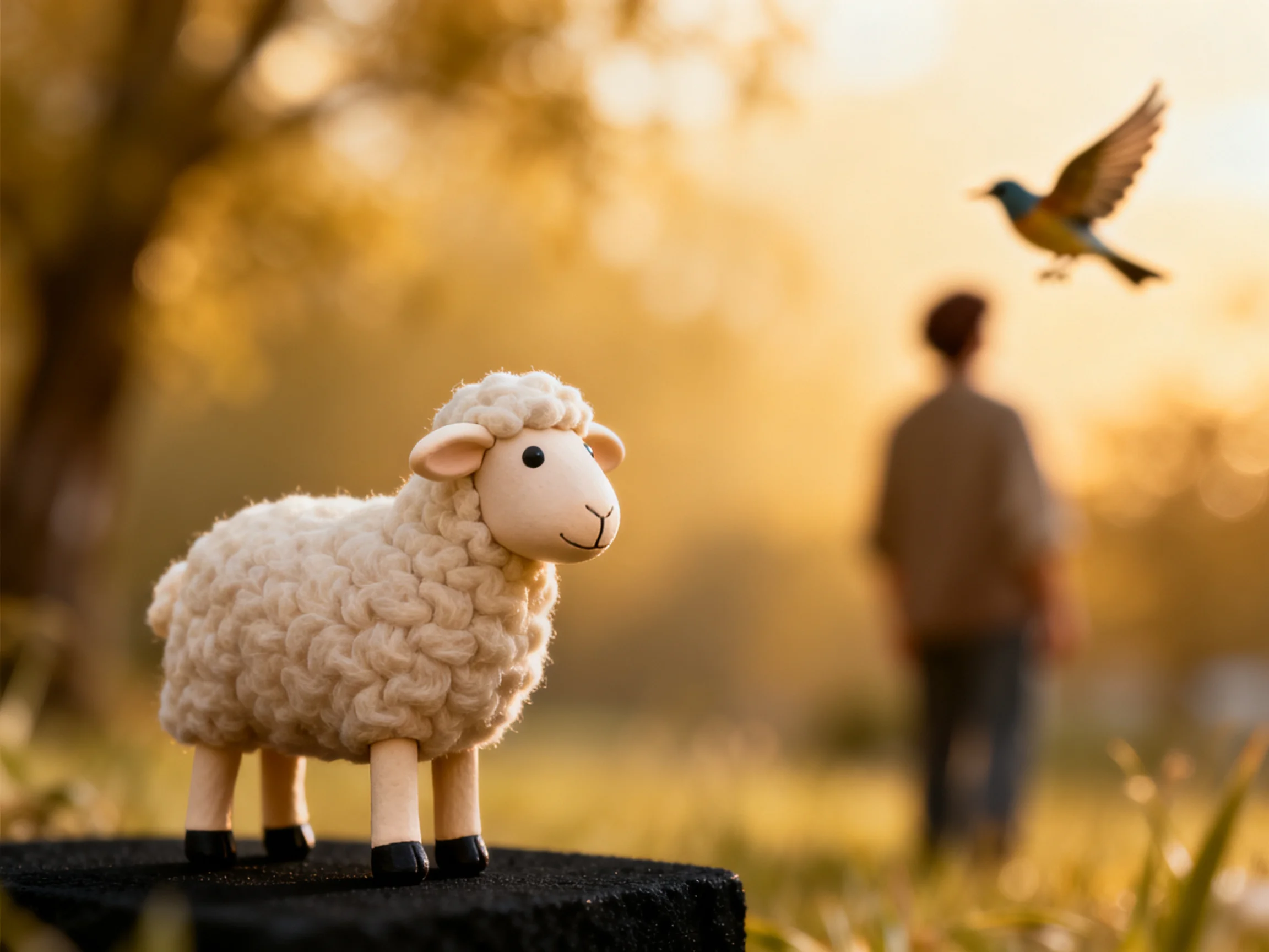 A fluffy white sheep figurine near a flying blue bird in golden outdoor light