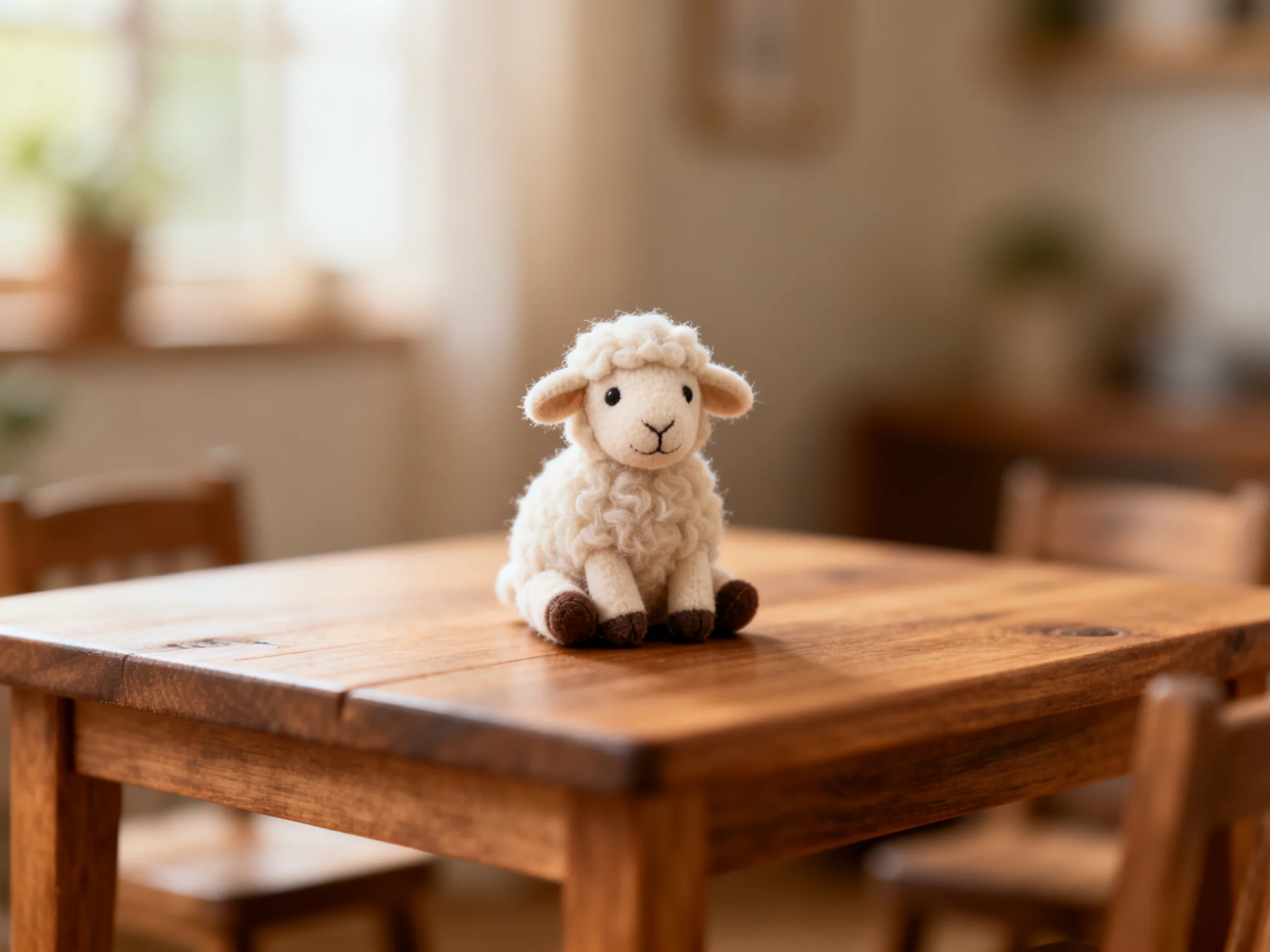 A fluffy white sheep figurine sits atop a polished wooden table