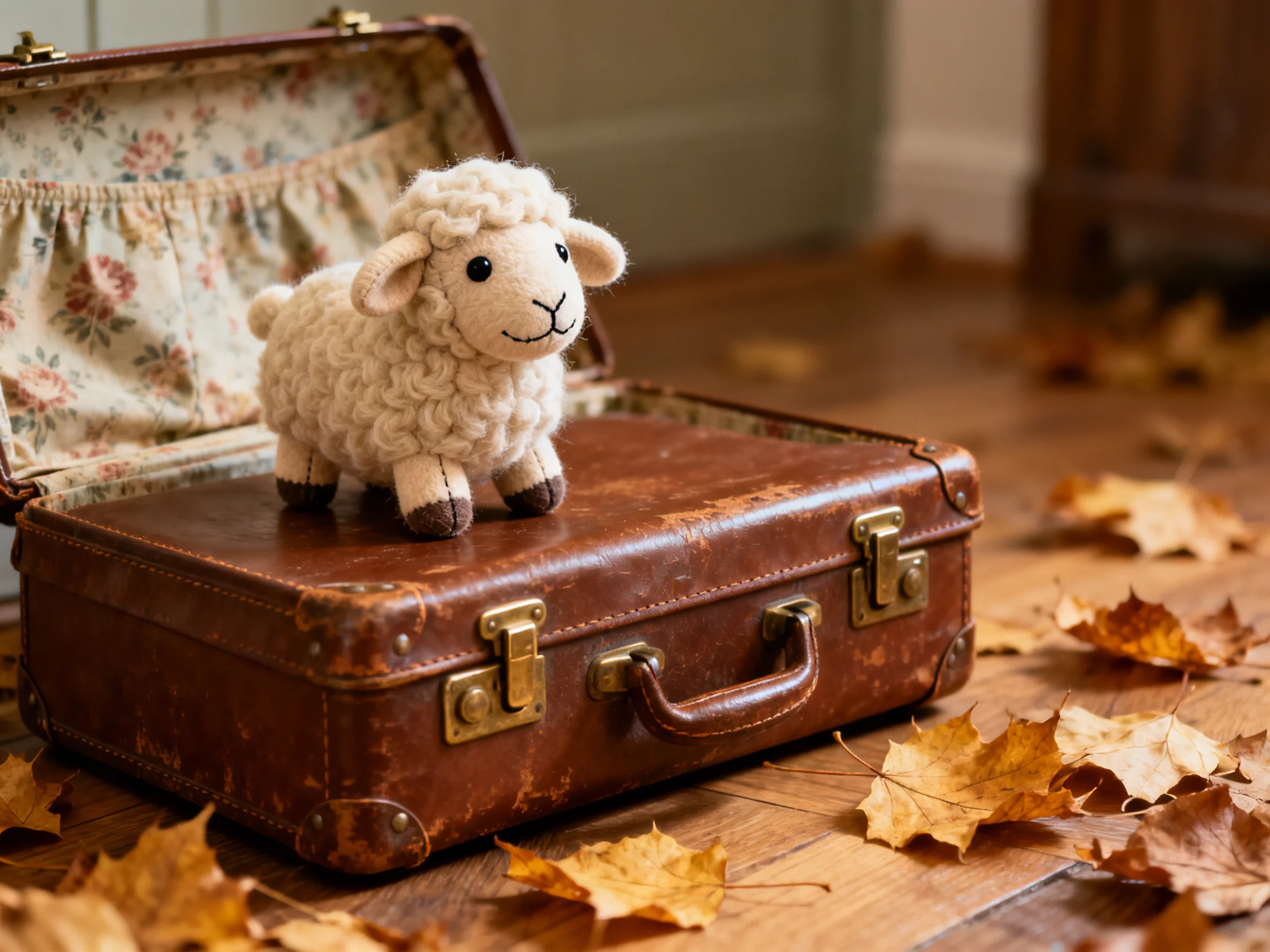 A fluffy white sheep figurine sits atop an aged brown vintage suitcase