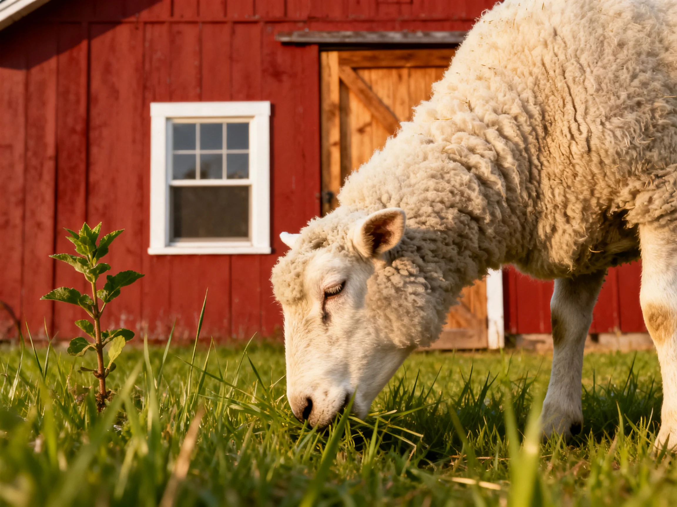 A fluffy white sheep grazes by a red wooden barn