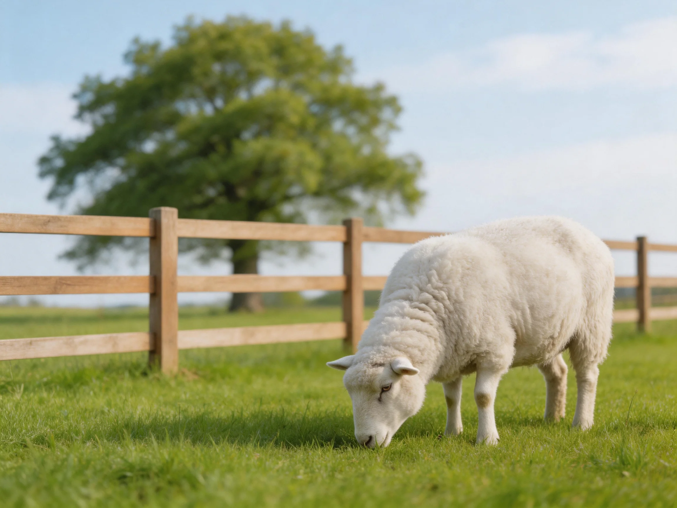 A fluffy white sheep grazes in a green pasture with a wooden fence