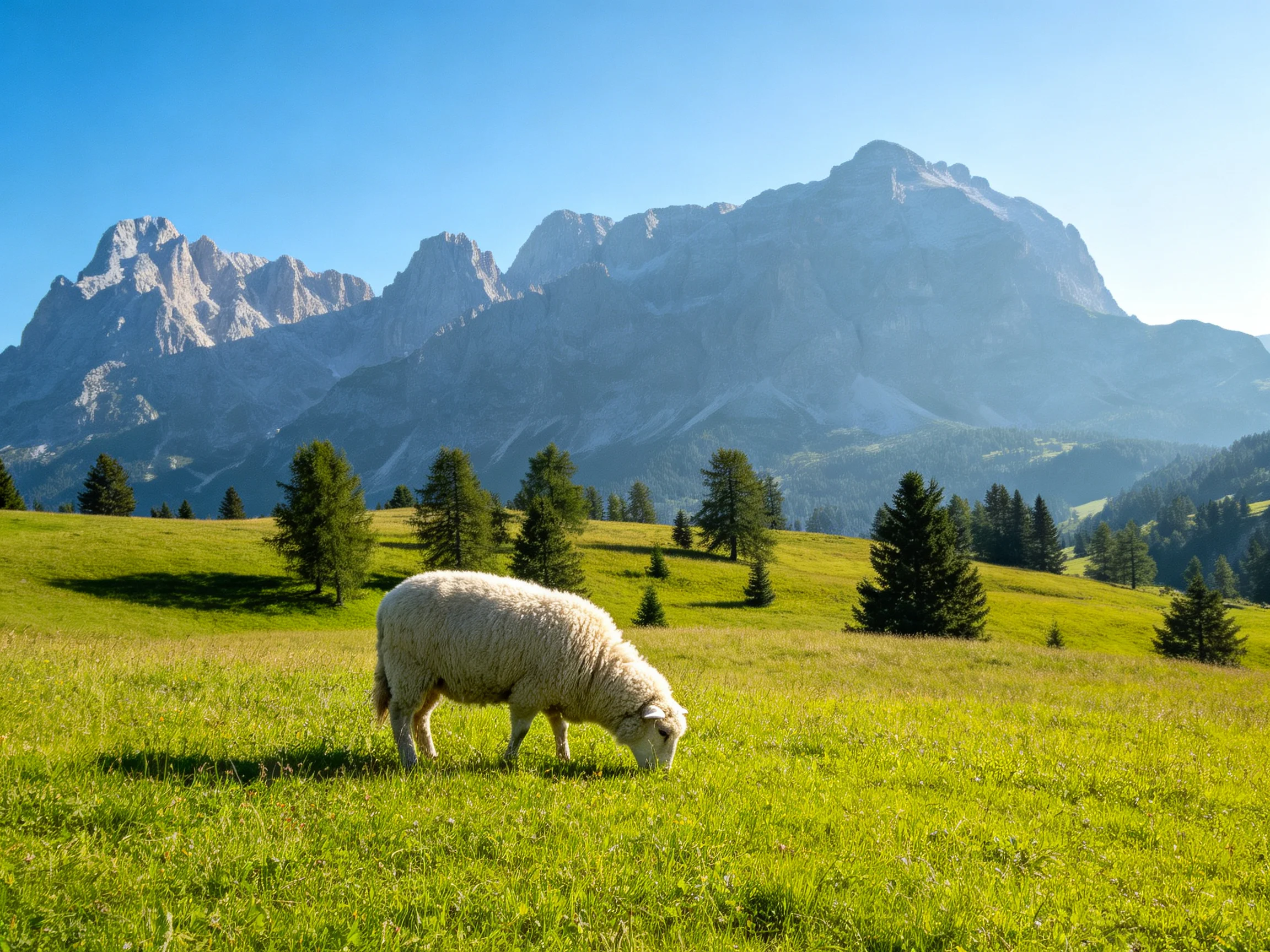 A fluffy white sheep grazes in a lush green meadow near towering mountains