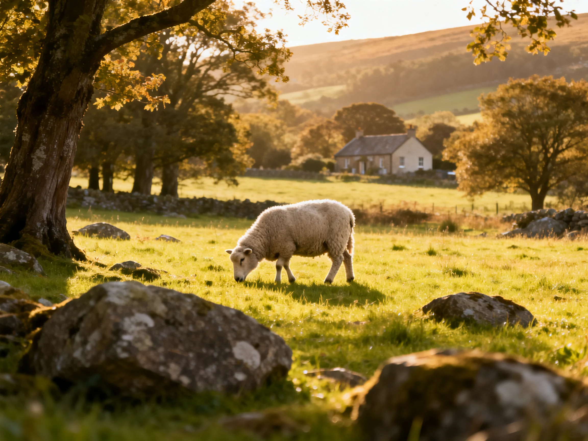 A fluffy white sheep grazes in a sun-drenched green pasture
