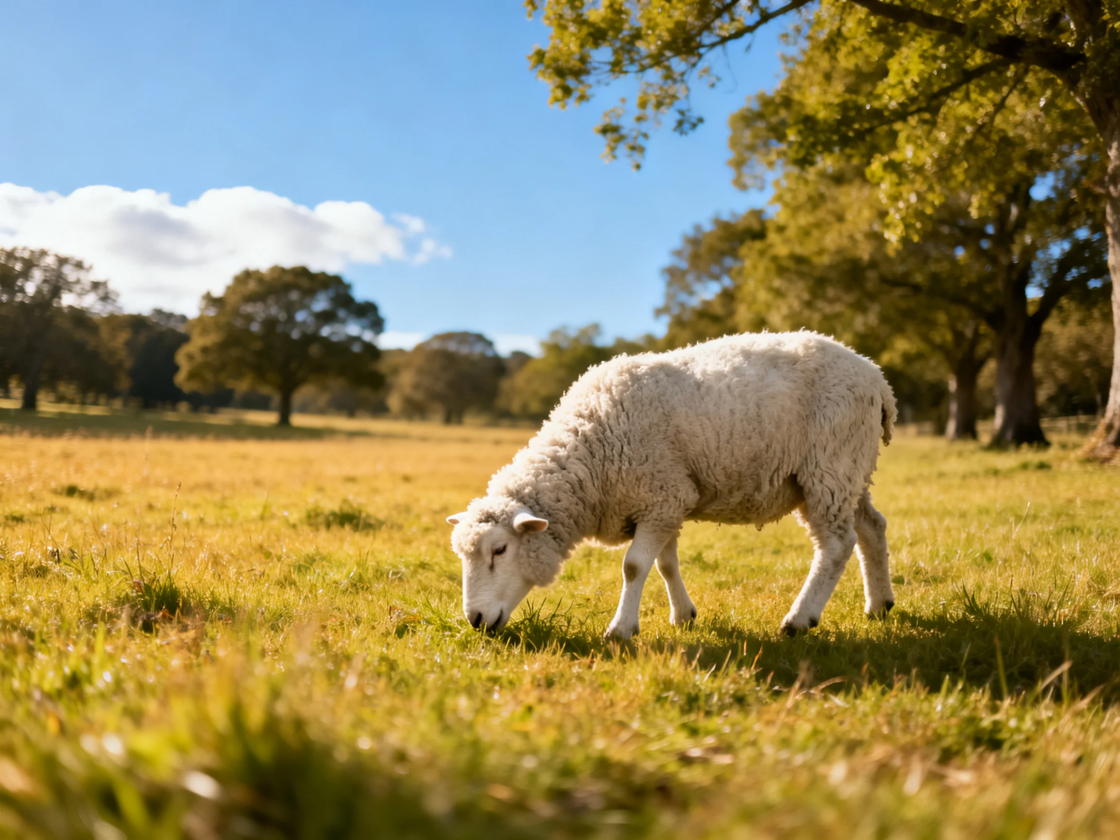 A fluffy white sheep grazes in a sunlit golden meadow