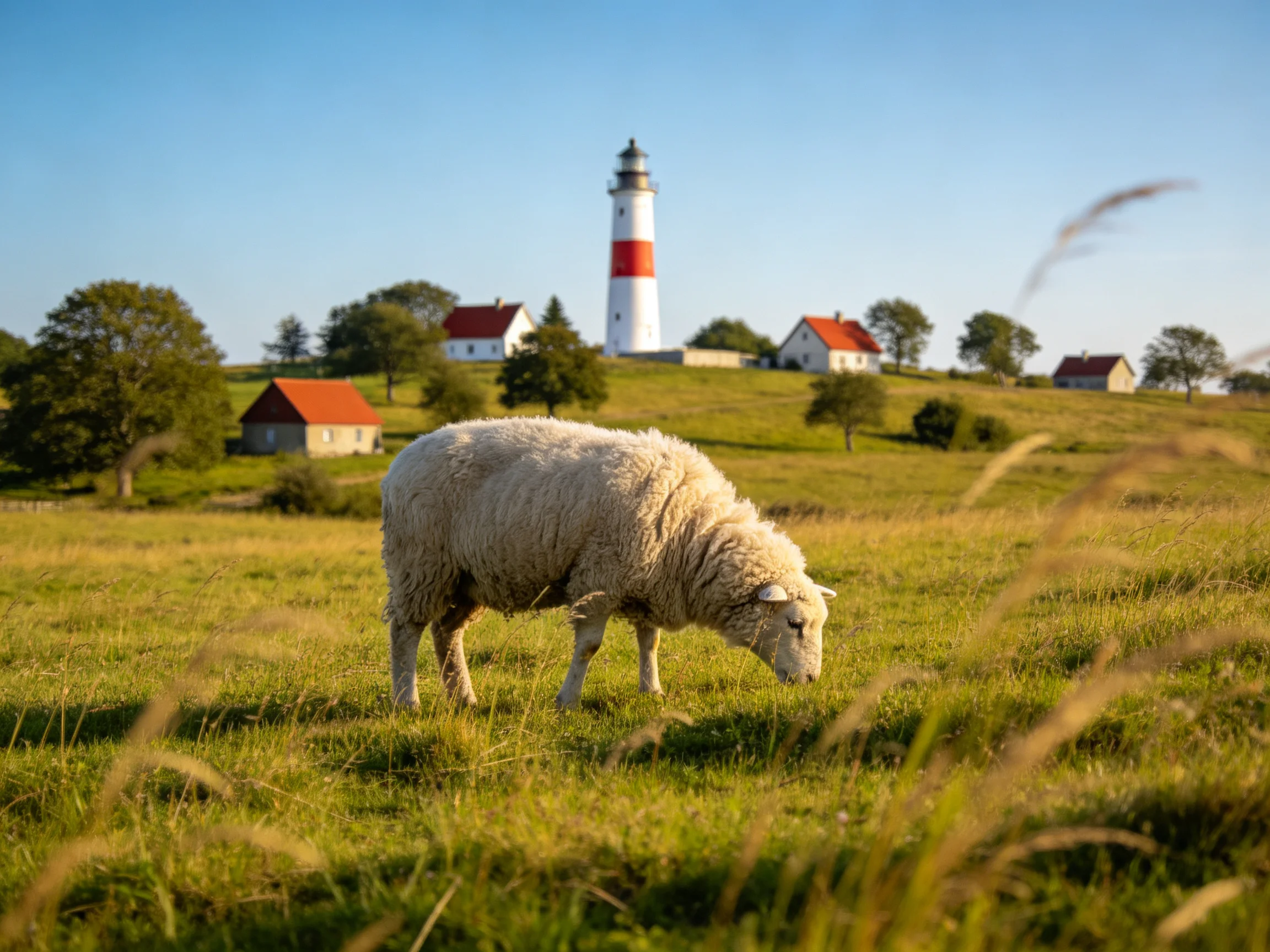A fluffy white sheep grazes in a sunny meadow with red - roofed cottages and a striped lighthouse