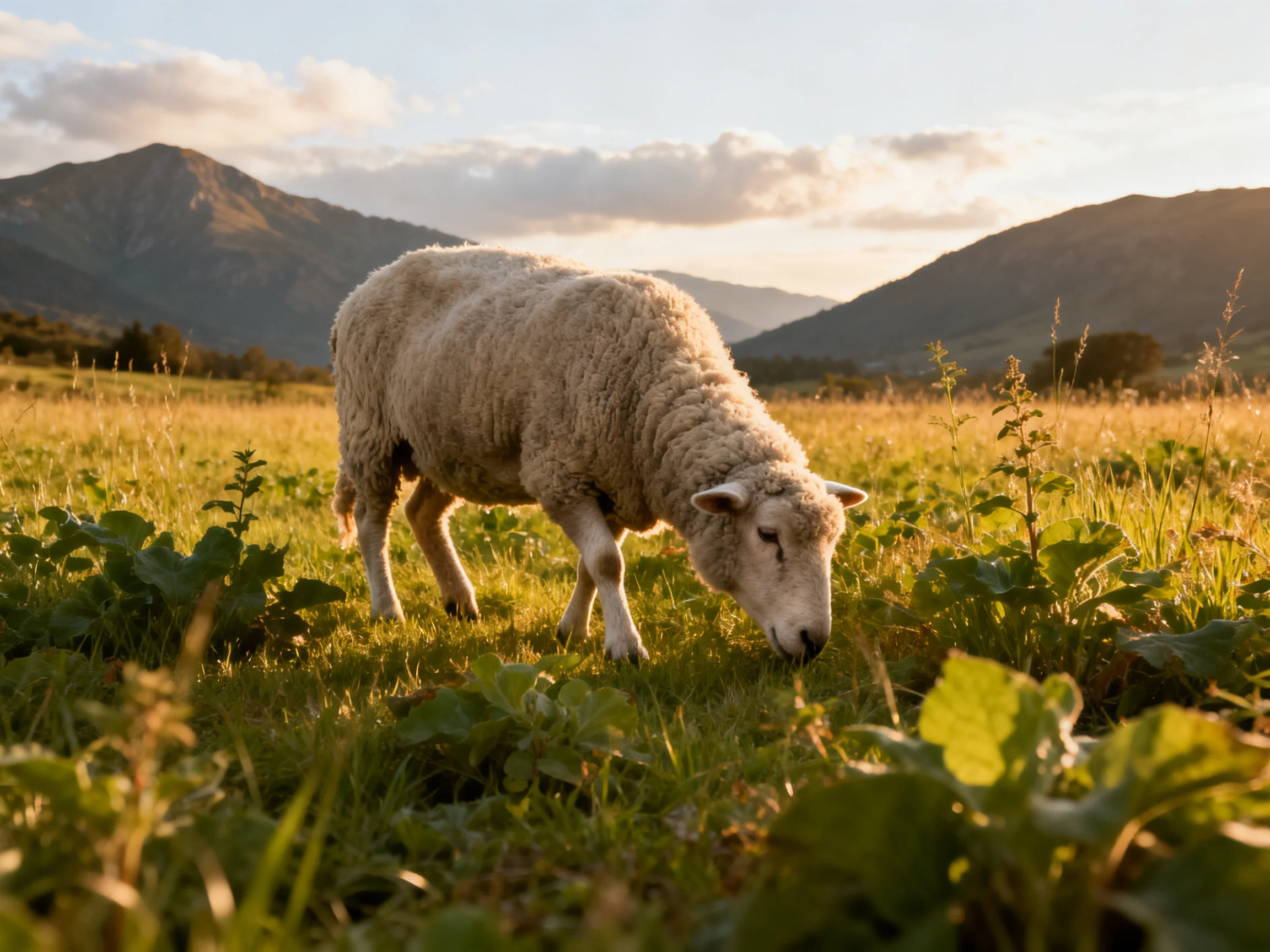 A fluffy white sheep grazing in a golden meadow near mountains