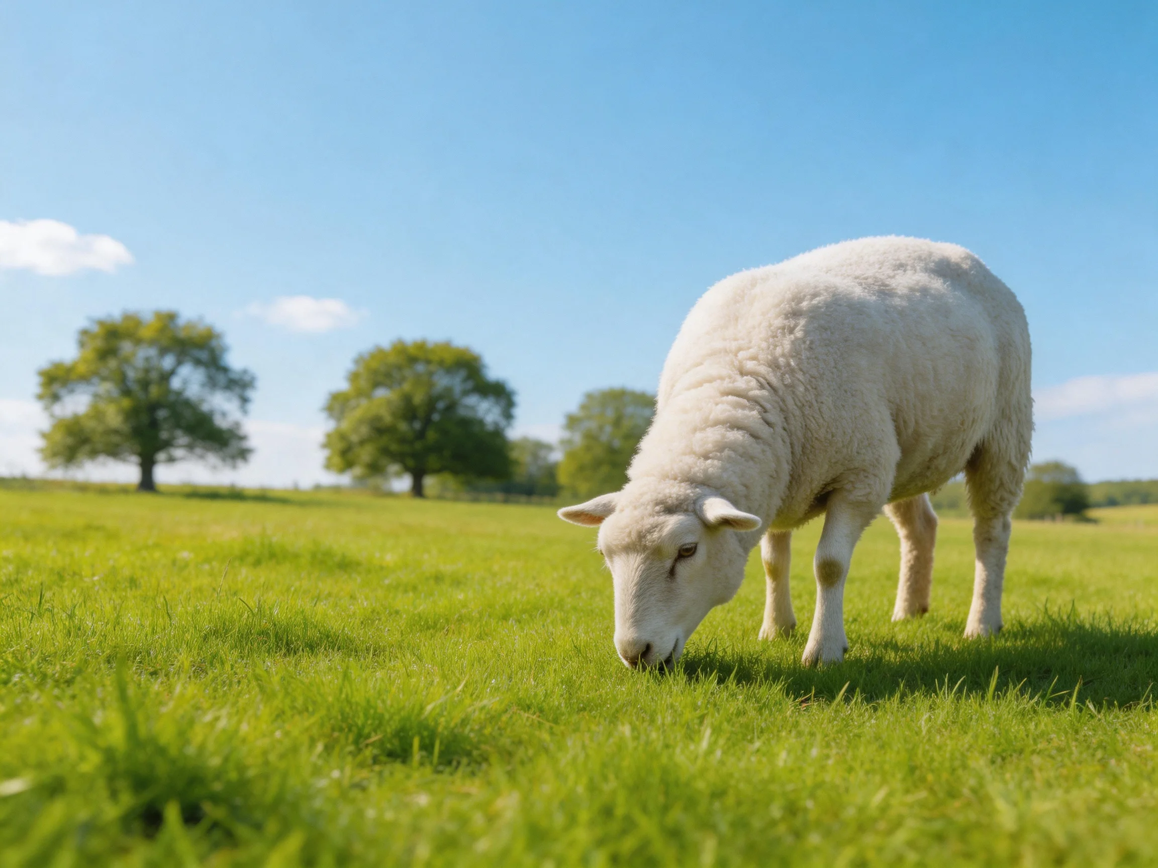 A fluffy white sheep grazing in a lush green meadow with clear blue sky