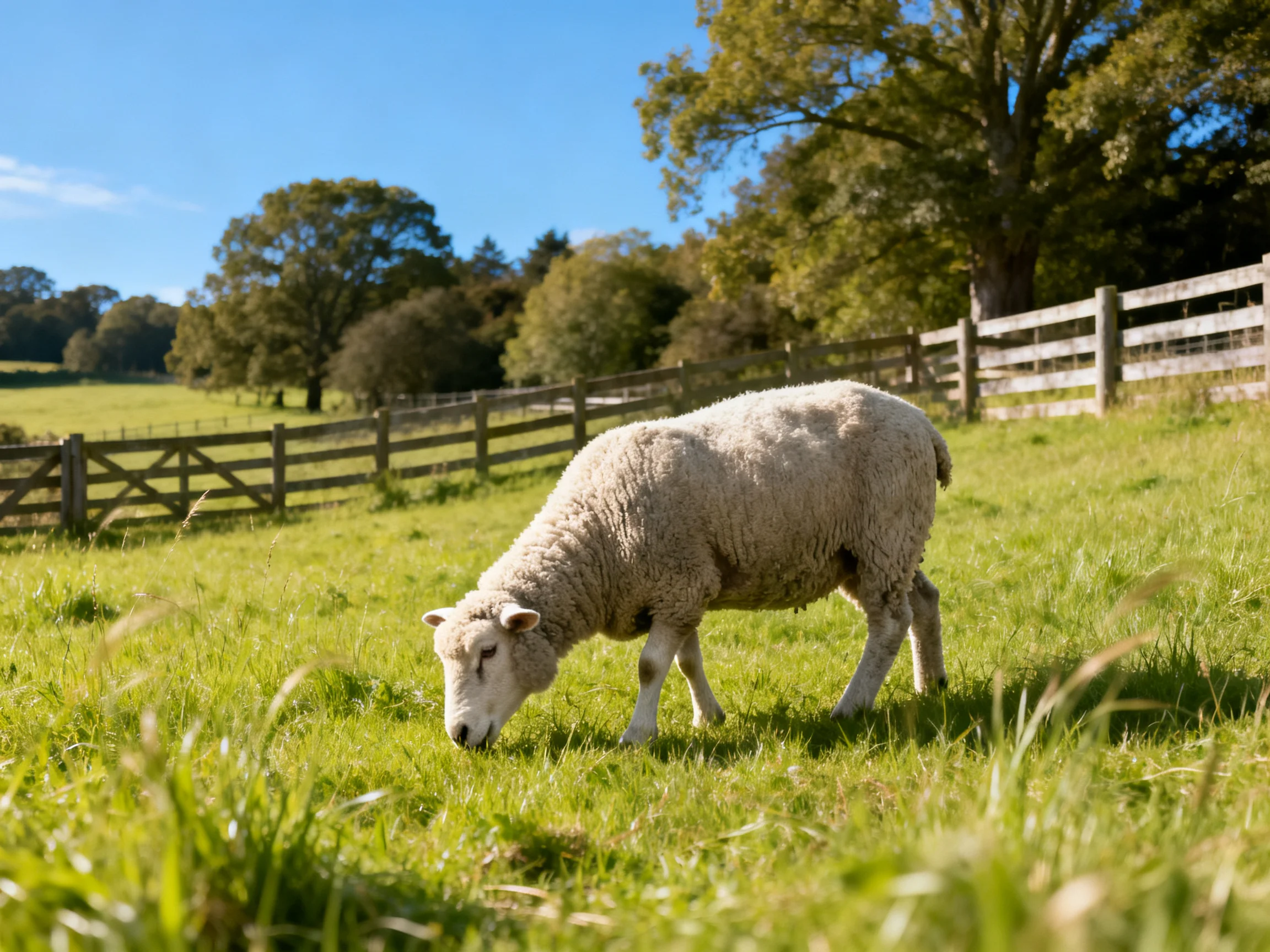 A fluffy white sheep grazing in a lush green pasture near wooden fences