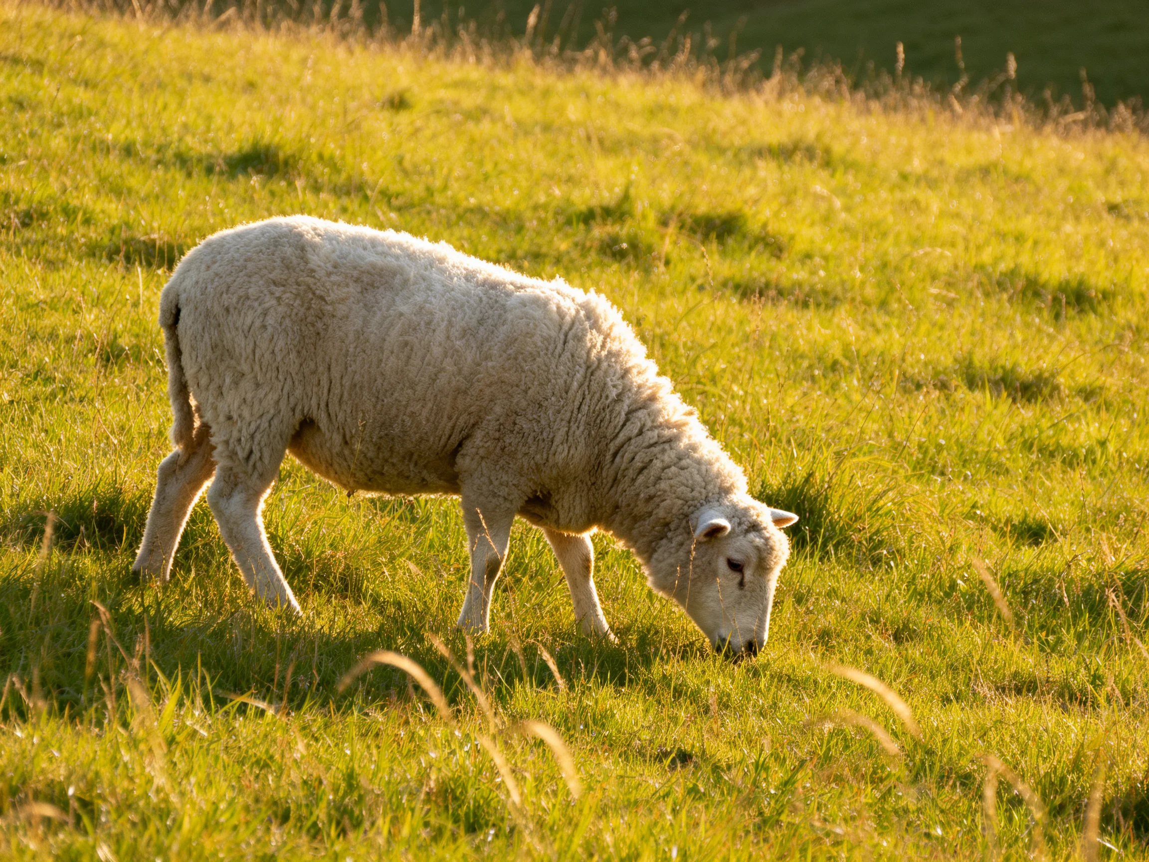 A fluffy white sheep grazing in a sunlit green meadow