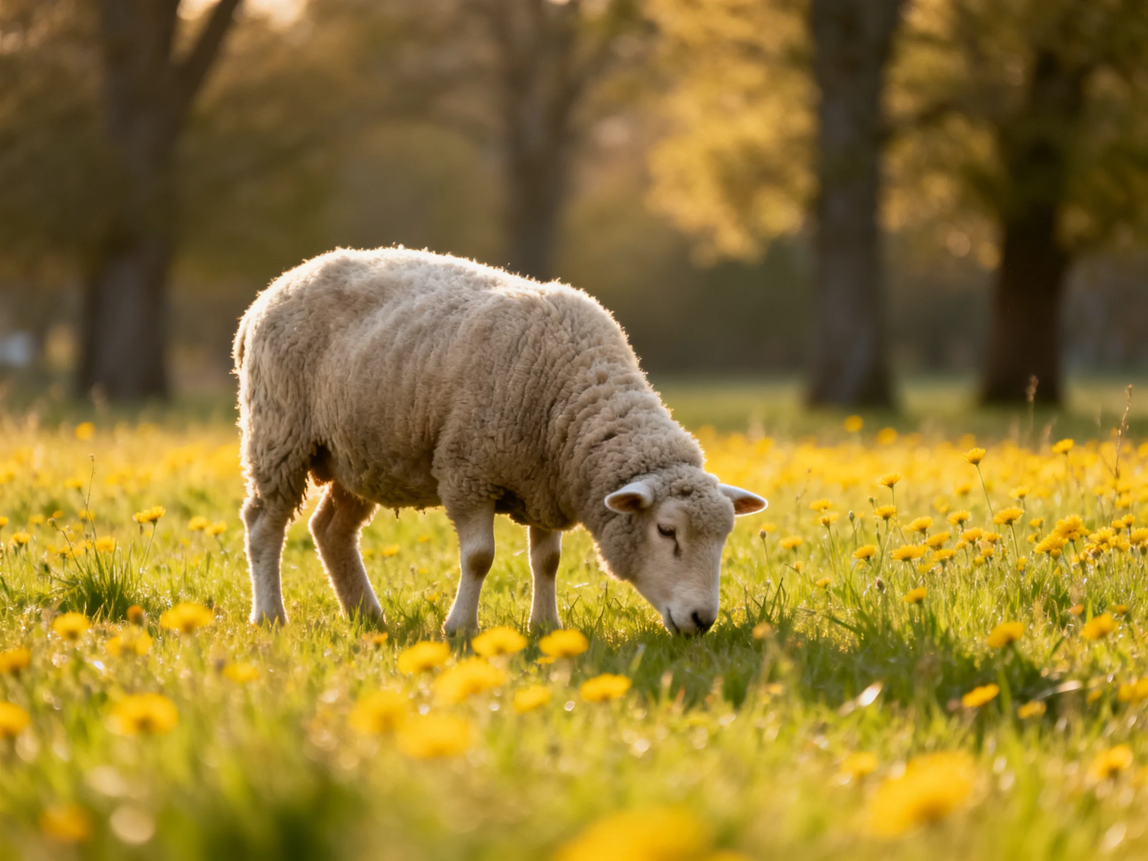 A fluffy white sheep grazing in a sunlit yellow-flowered meadow
