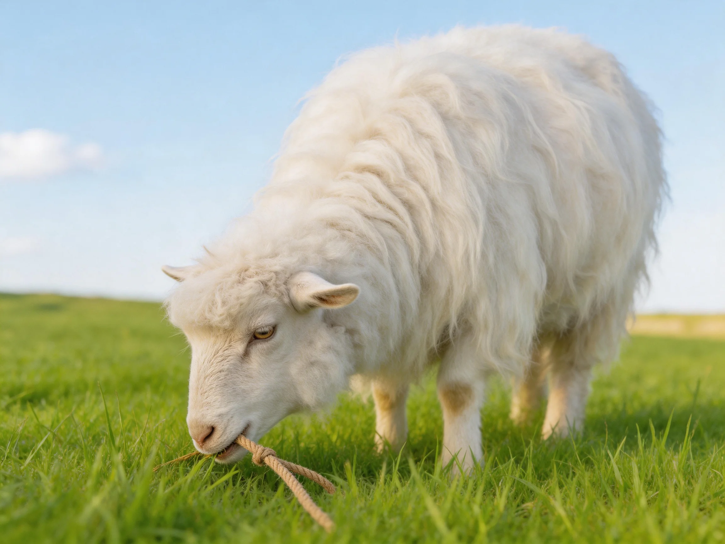 A fluffy white sheep grazing in lush green grass under clear blue sky