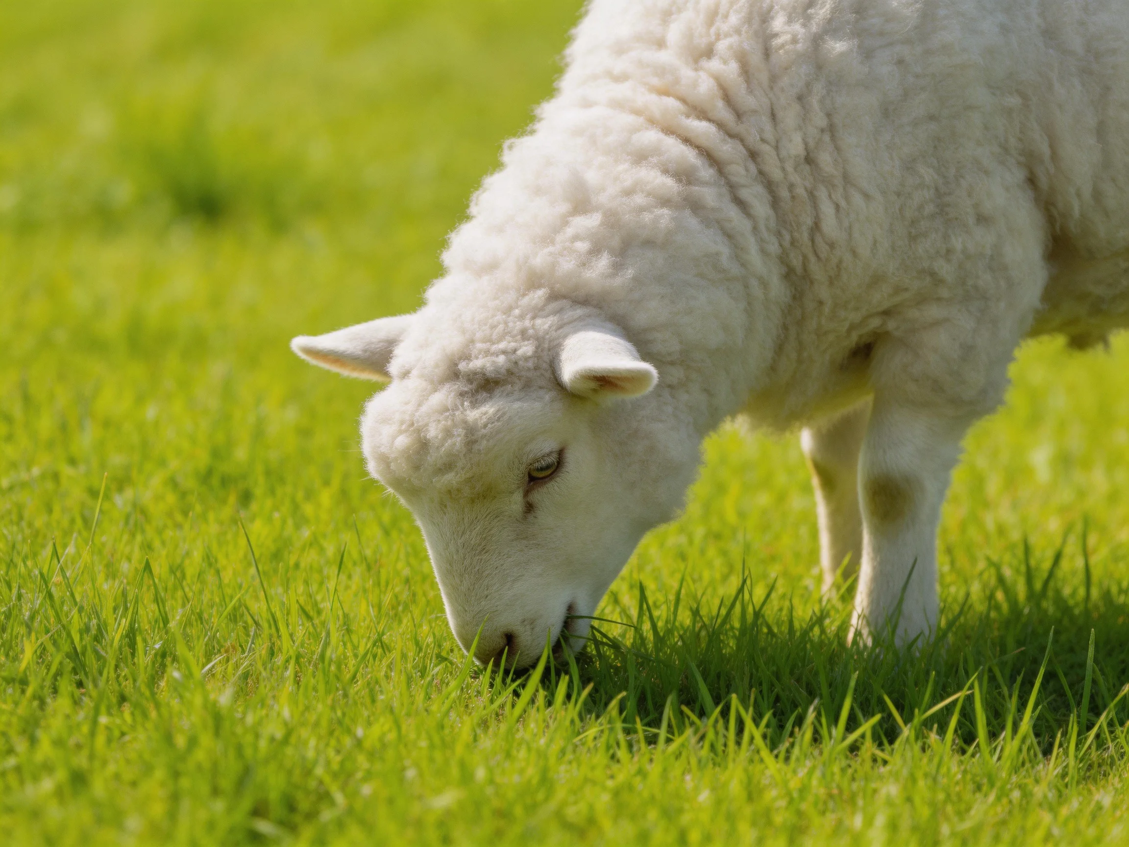 A fluffy white sheep grazing in lush green grassland