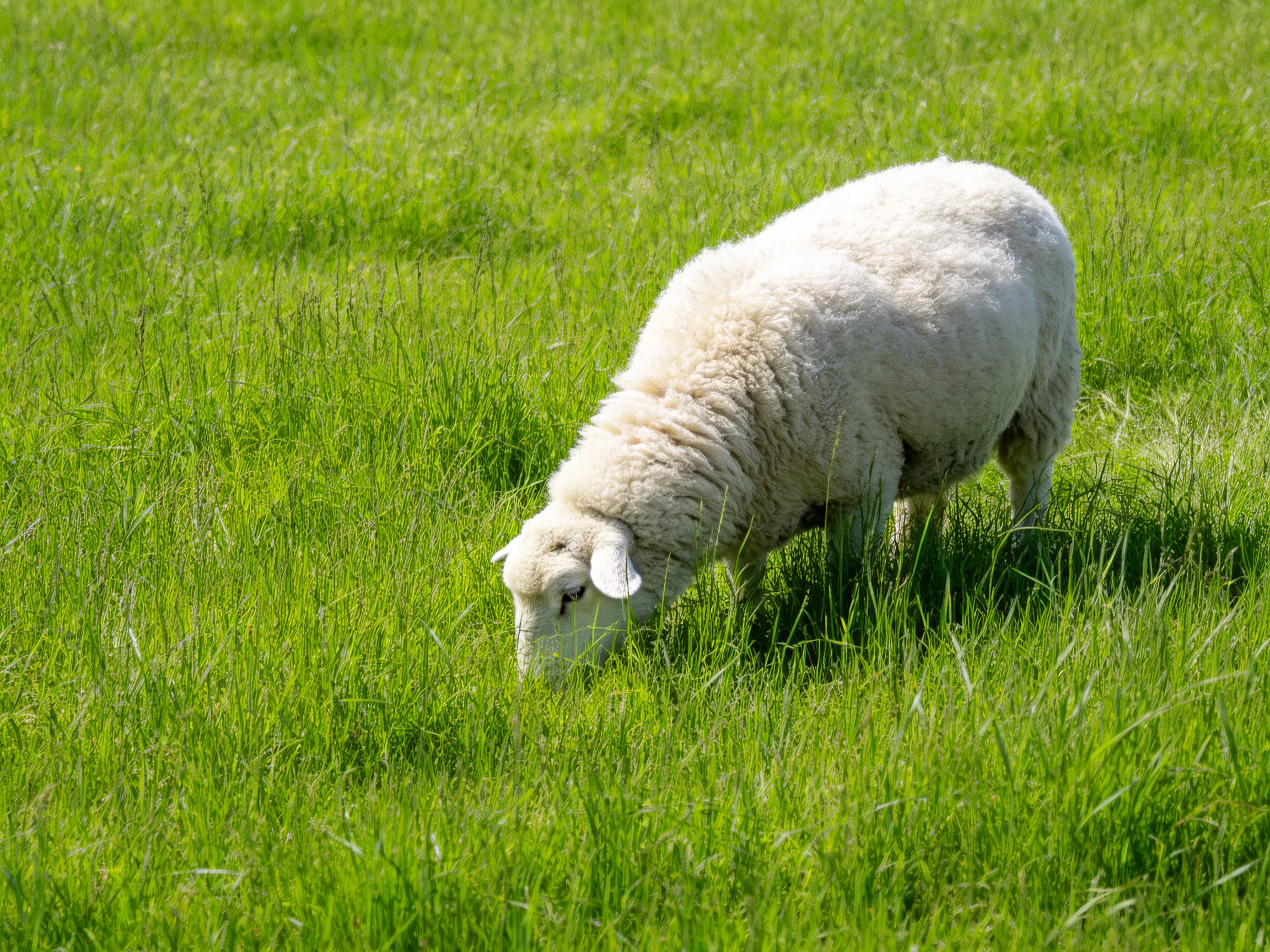 A fluffy white sheep grazing in lush green meadow