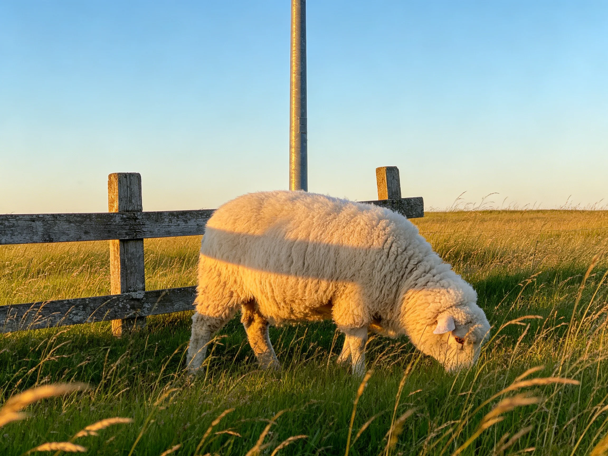 A fluffy white sheep grazing near a wooden fence at golden hour