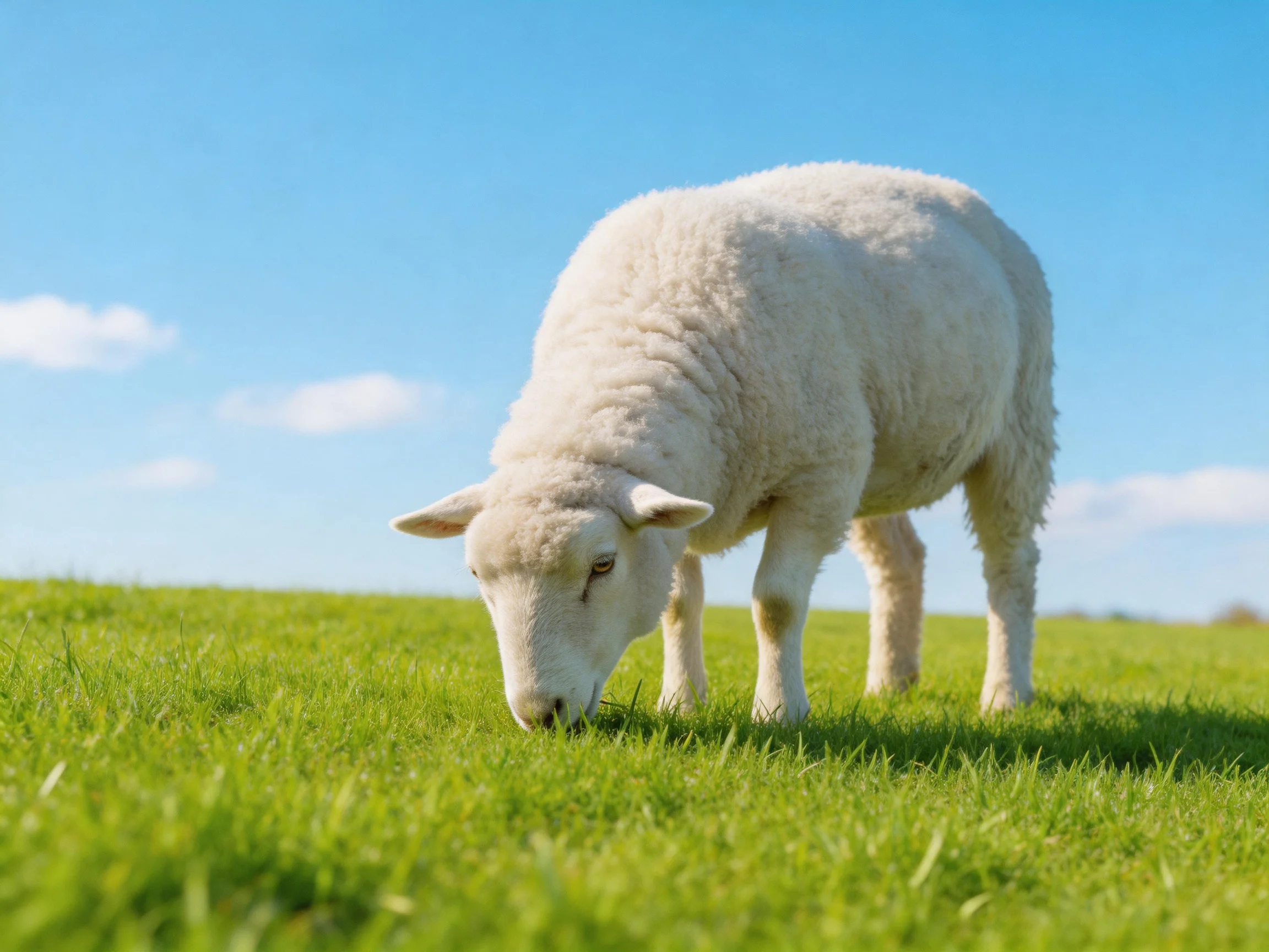 A fluffy white sheep grazing on lush green grass under bright blue sky