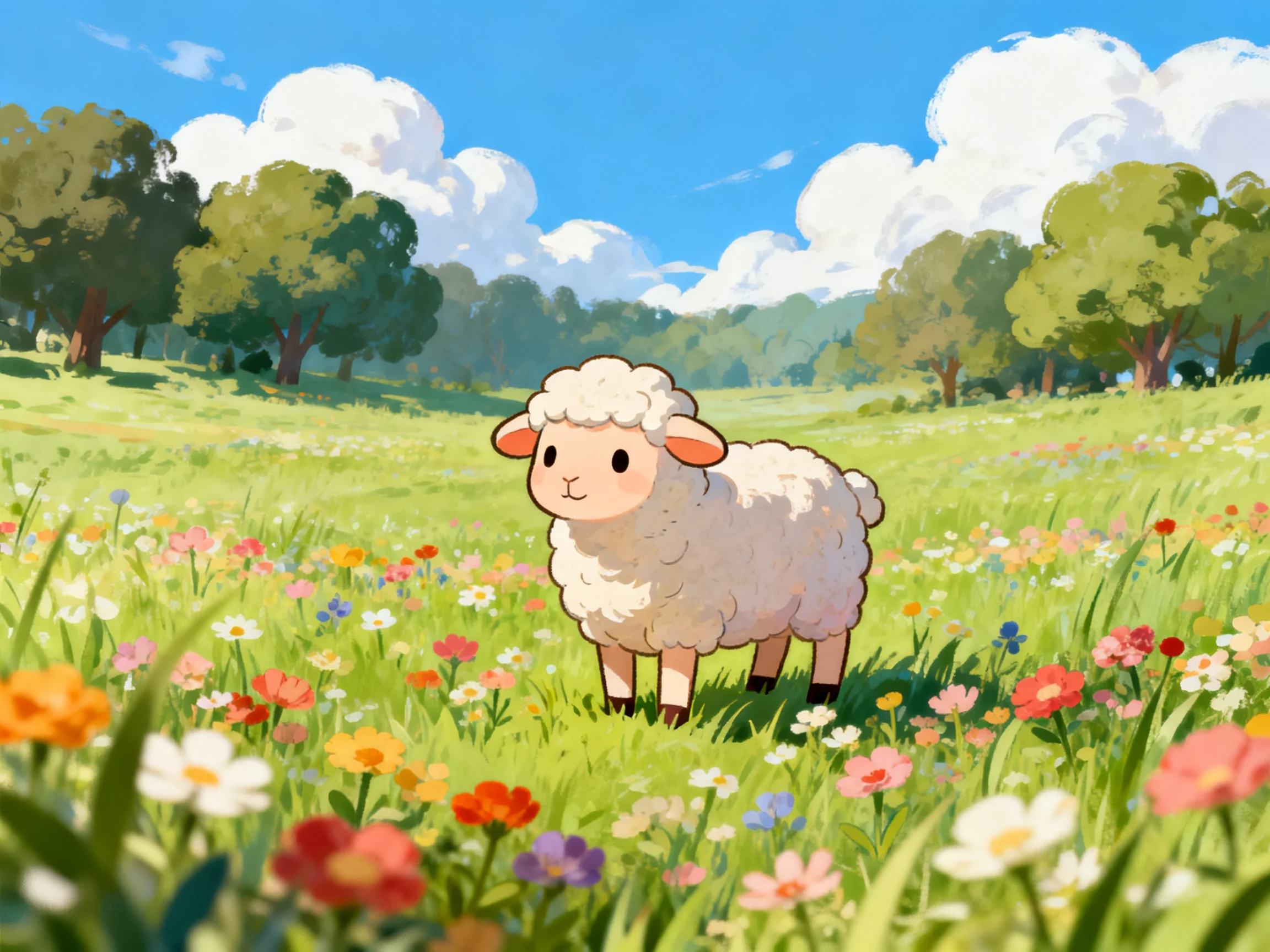 A sheep stands in a sunny meadow with colorful flowers and trees.