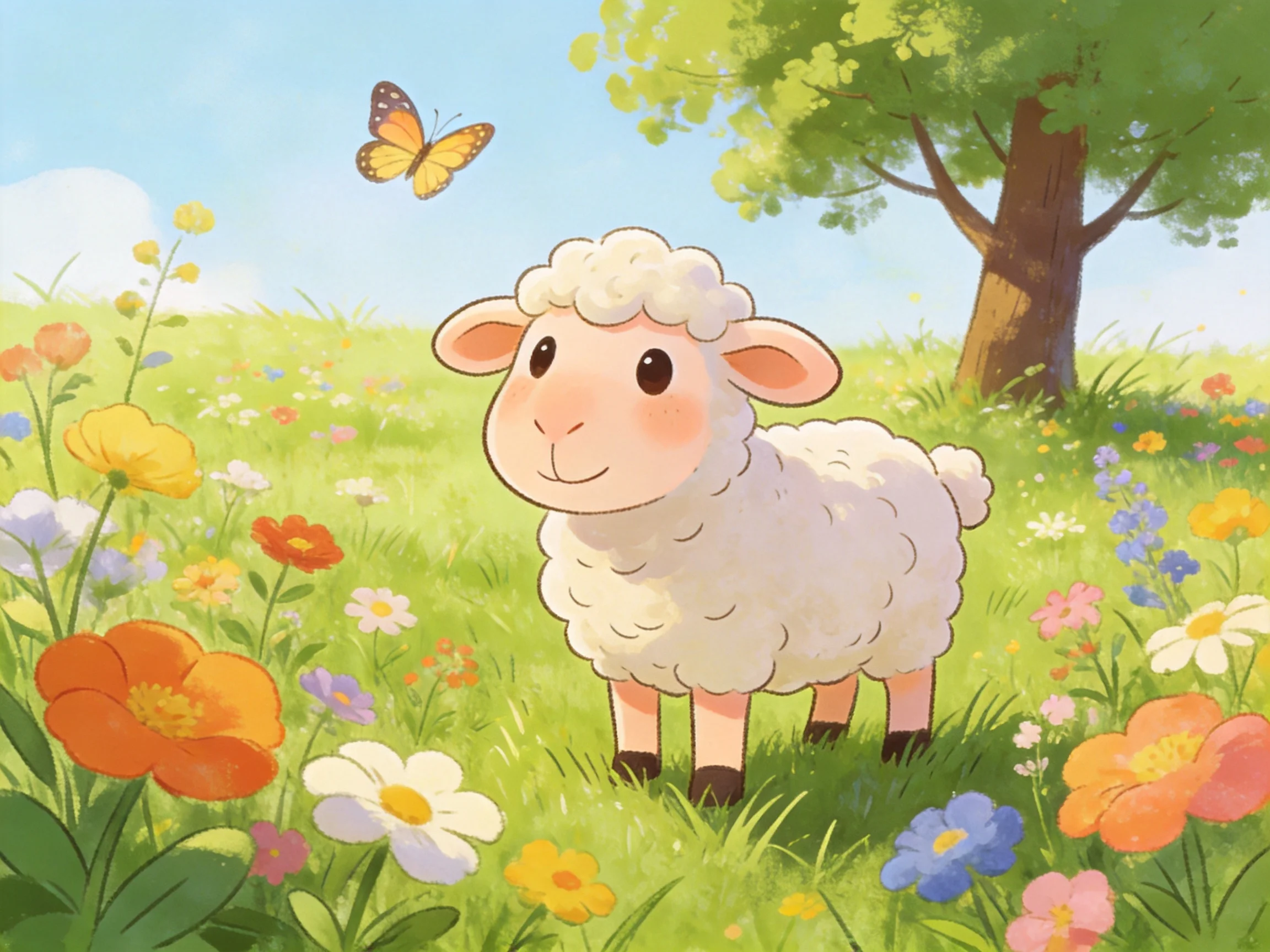 A fluffy white sheep in a colorful flower-filled meadow with a butterfly