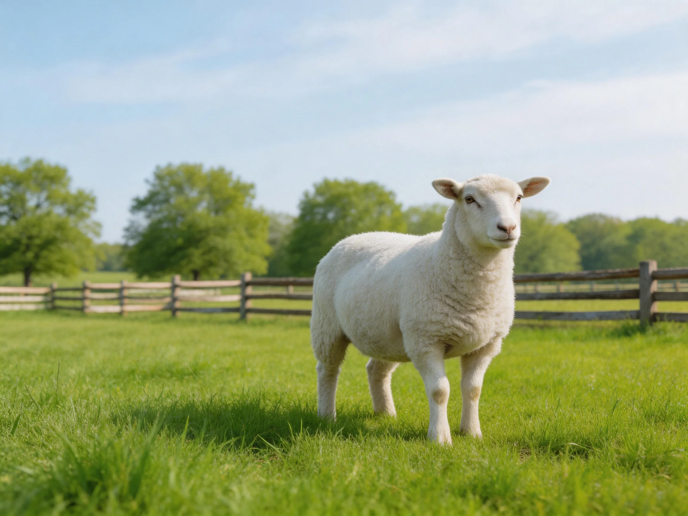 A single white sheep stands in a sunny pasture with a wooden fence.