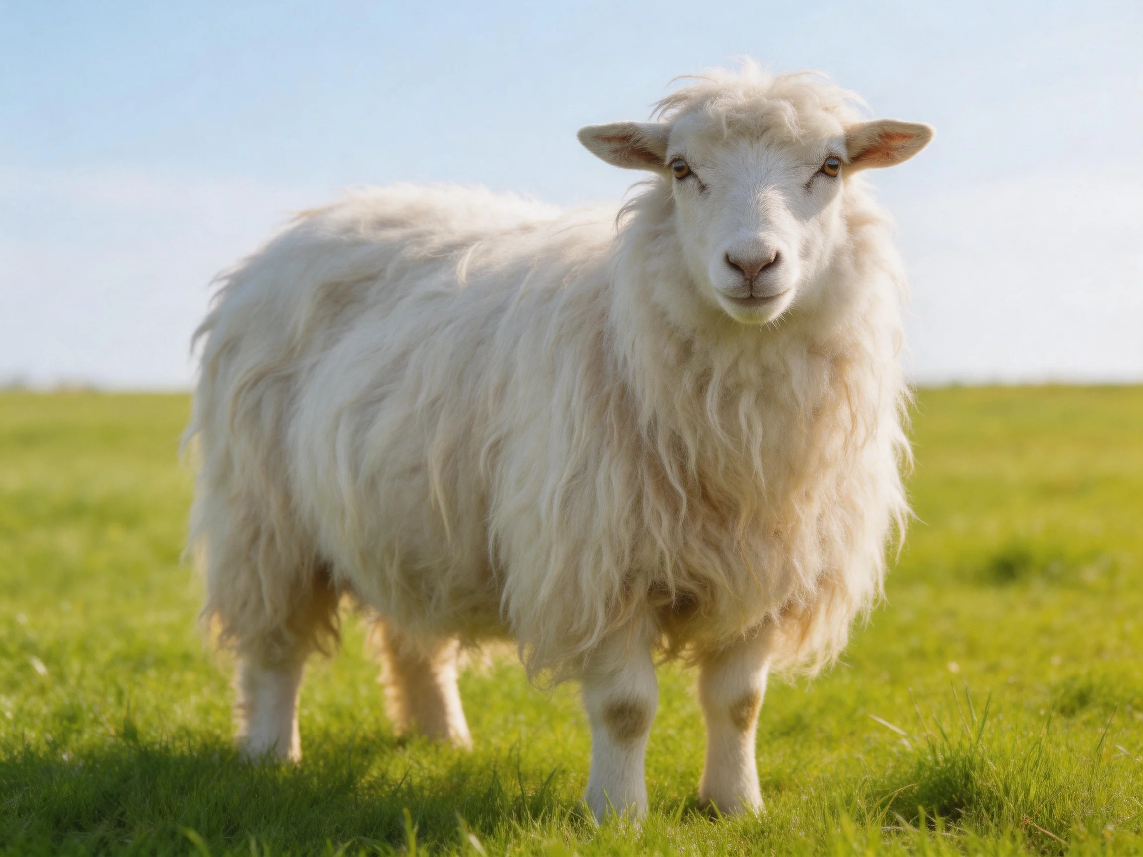 A single white sheepstands serenely in a sunlit green meadow.