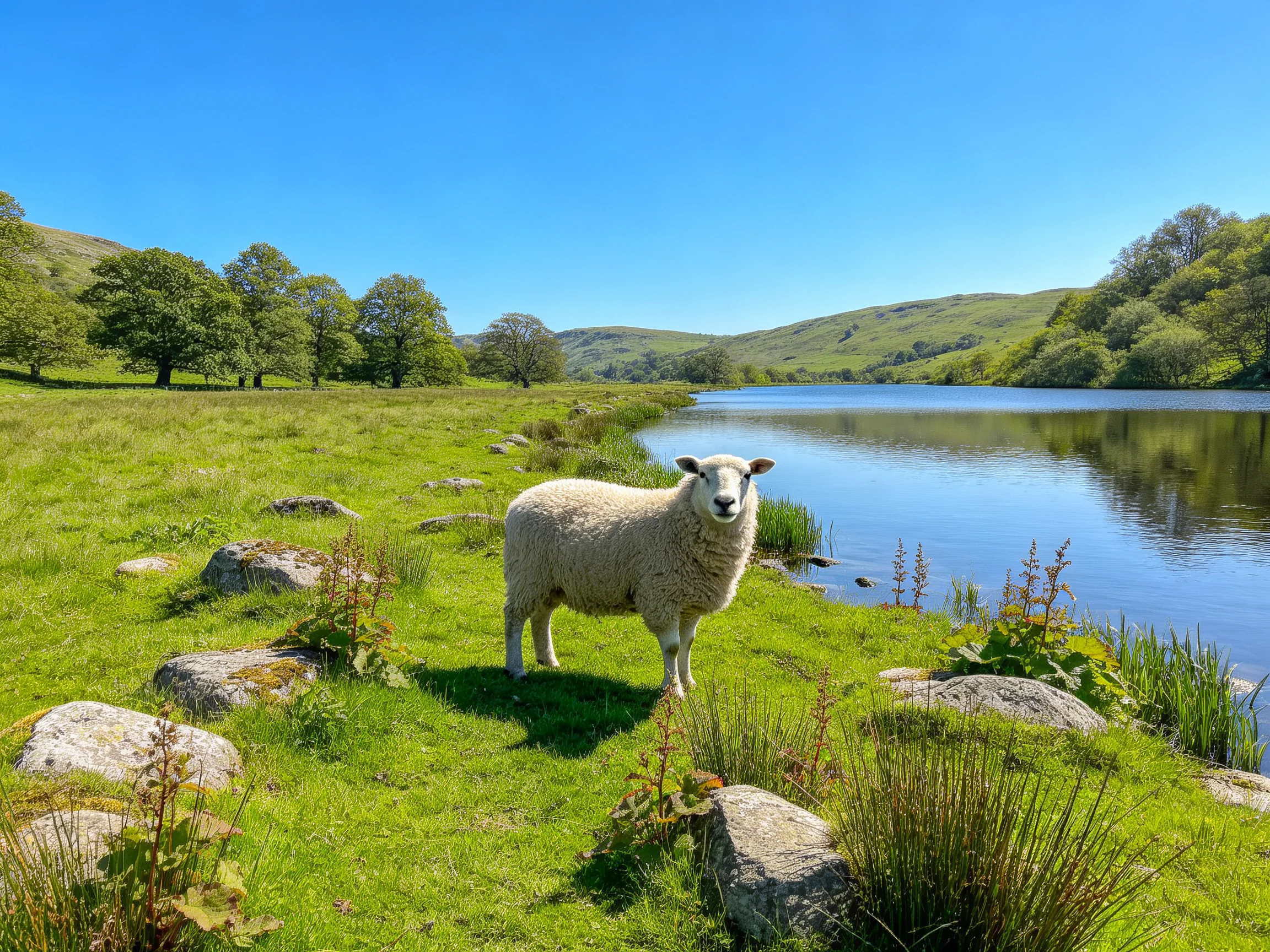 A fluffy white sheep near a calm blue lake in a lush green meadow