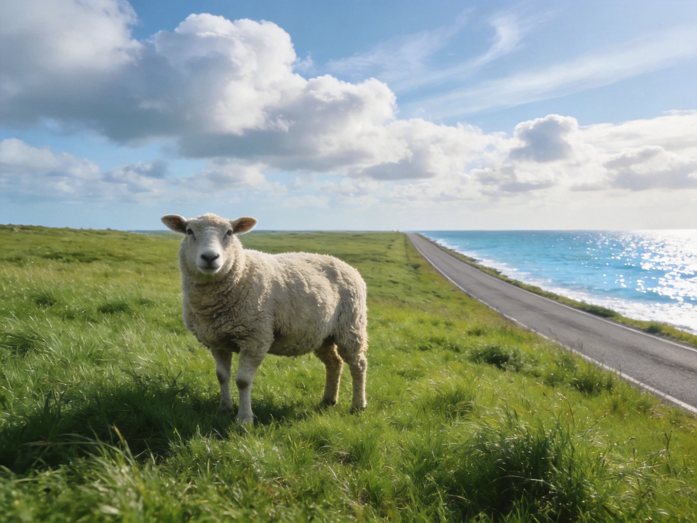 A fluffy white sheep near a coastal road by turquoise waters