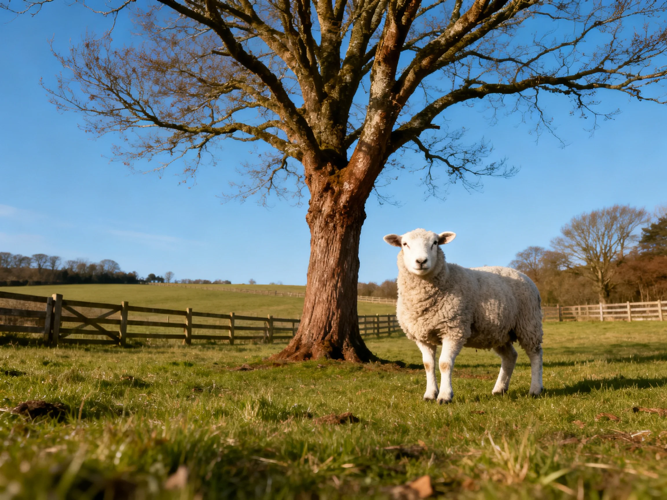 A sheep stands near a large tree in a sunny pasture with wooden fences.