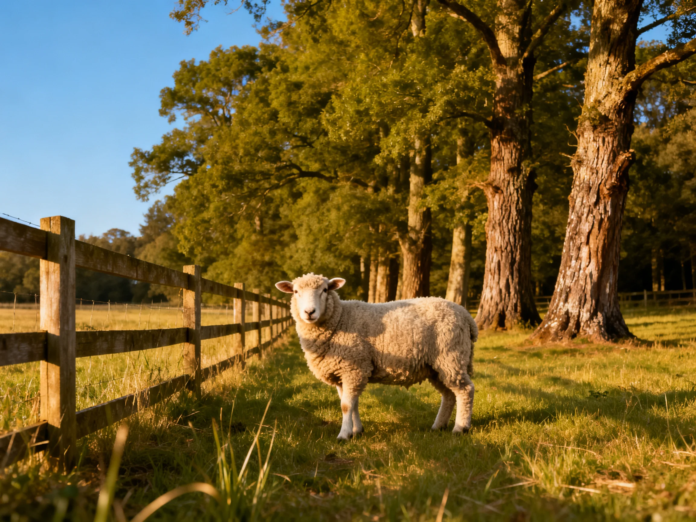 A fluffy white sheep near a wooden fence by tall oak trees