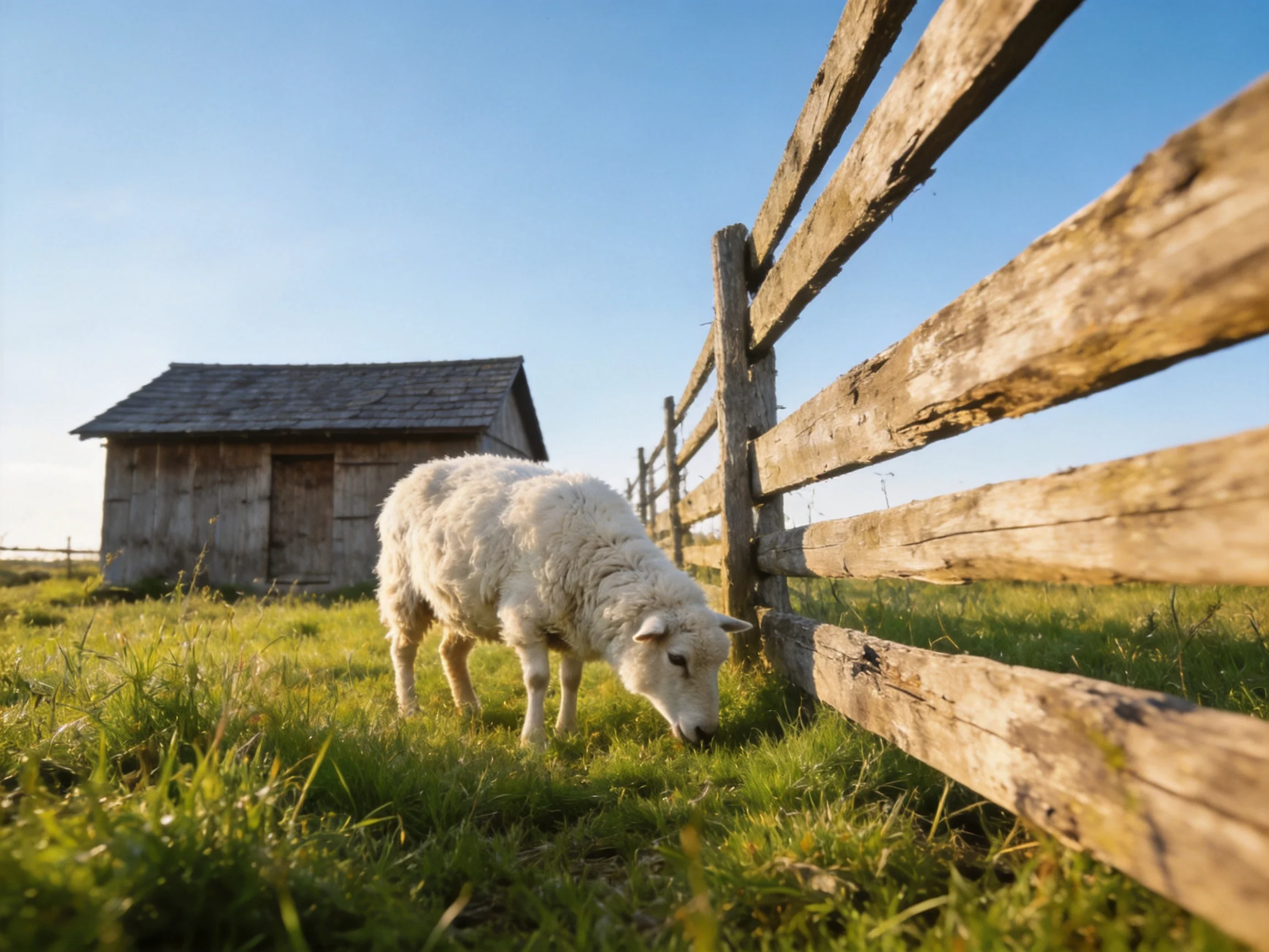 A fluffy white sheep near an aged wooden fence and weathered shed
