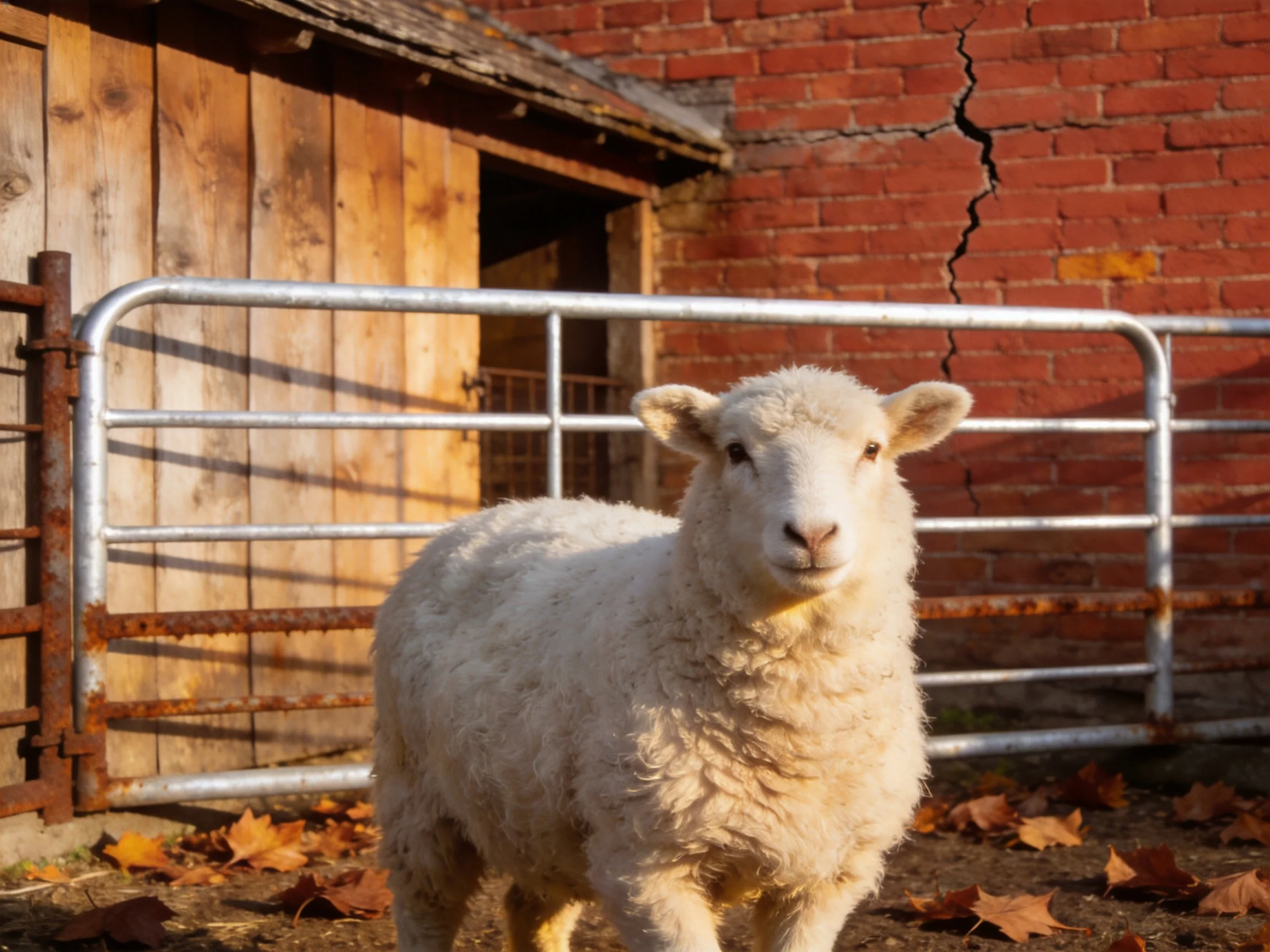 A fluffy white sheep near an old wooden shed and red brick wall