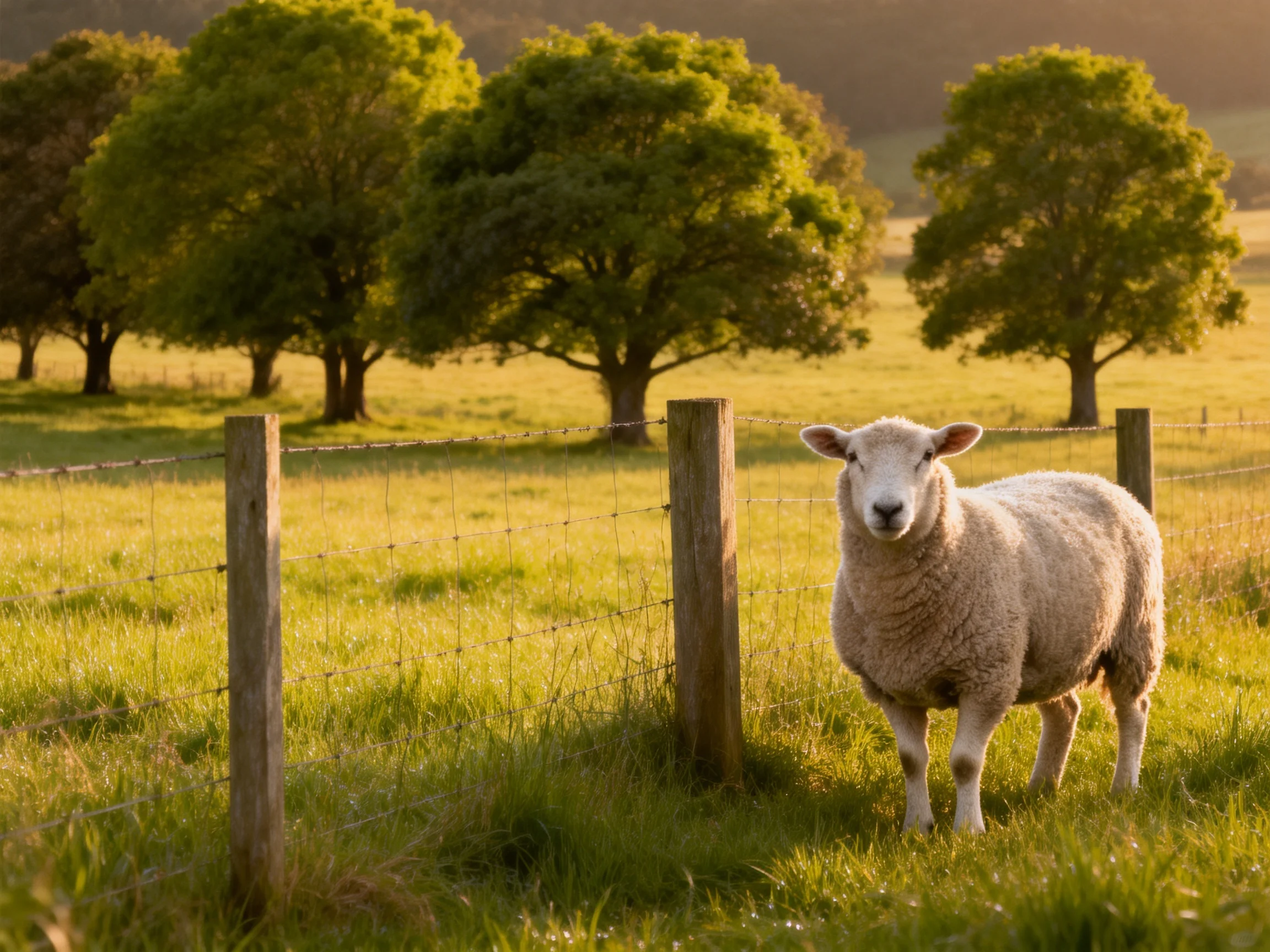 A fluffy white sheep stands near a fence in a sunlit meadow with green trees.