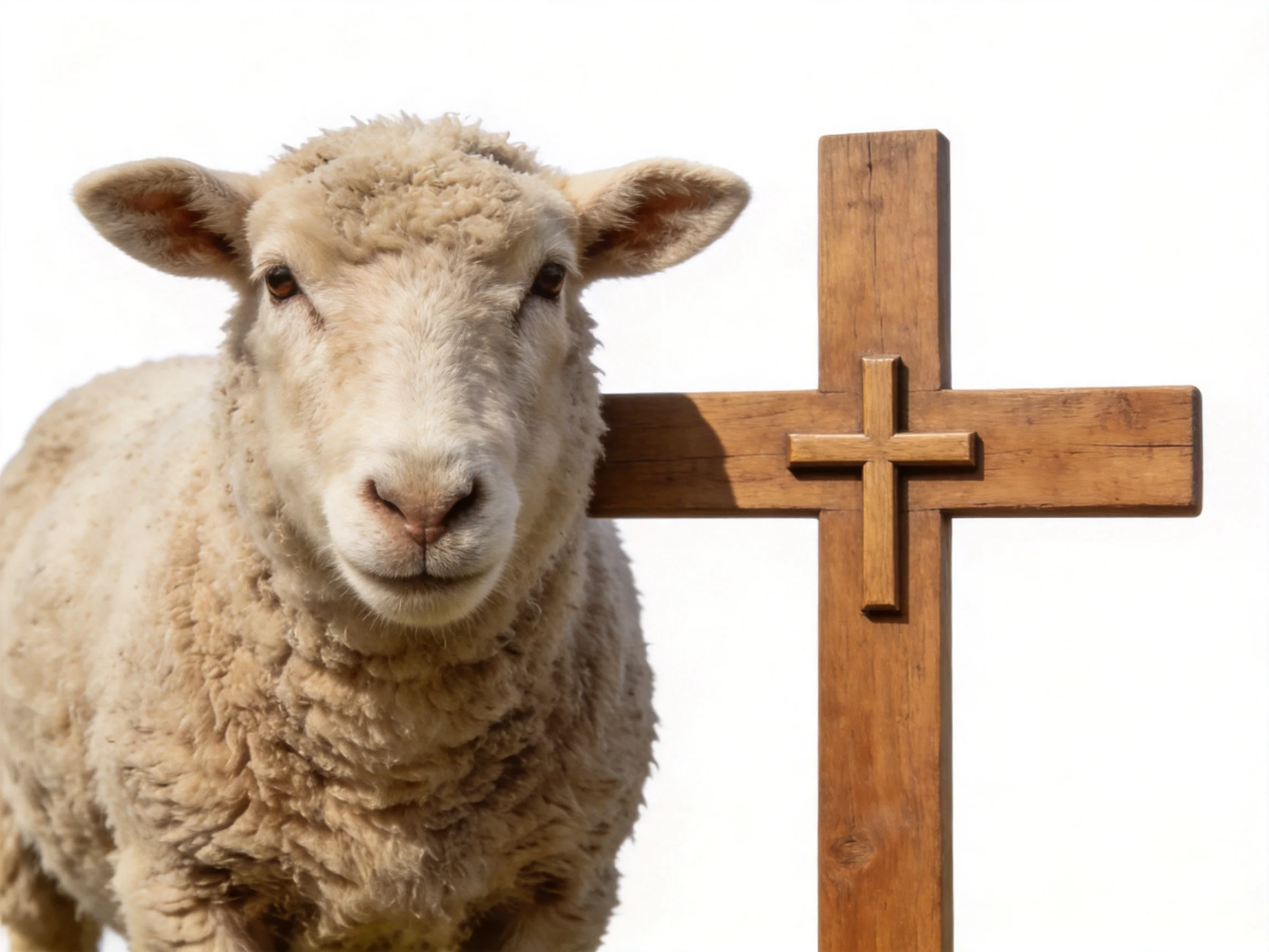 A fluffy white sheep next to a brown wooden cross