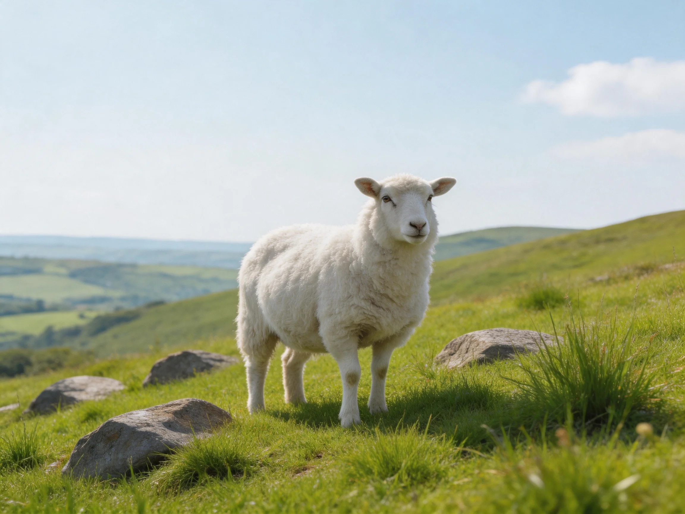 A fluffy white sheep on a grassy hillside with scattered rocks