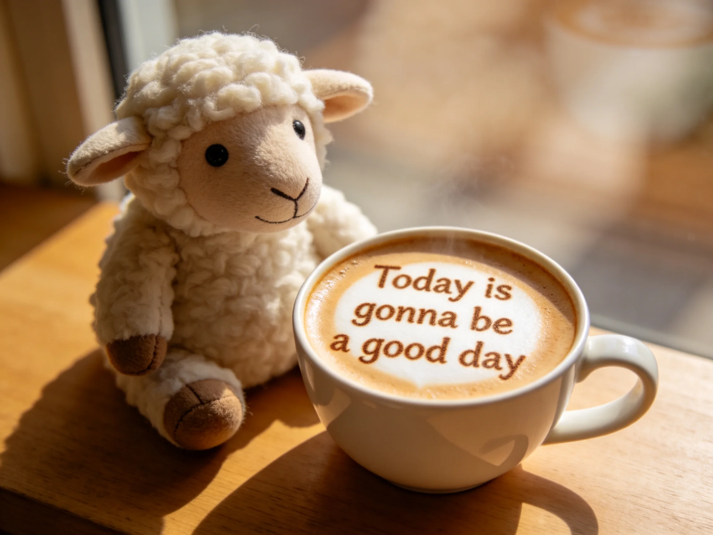 A fluffy white sheep plush beside a coffee cup with motivational latte art