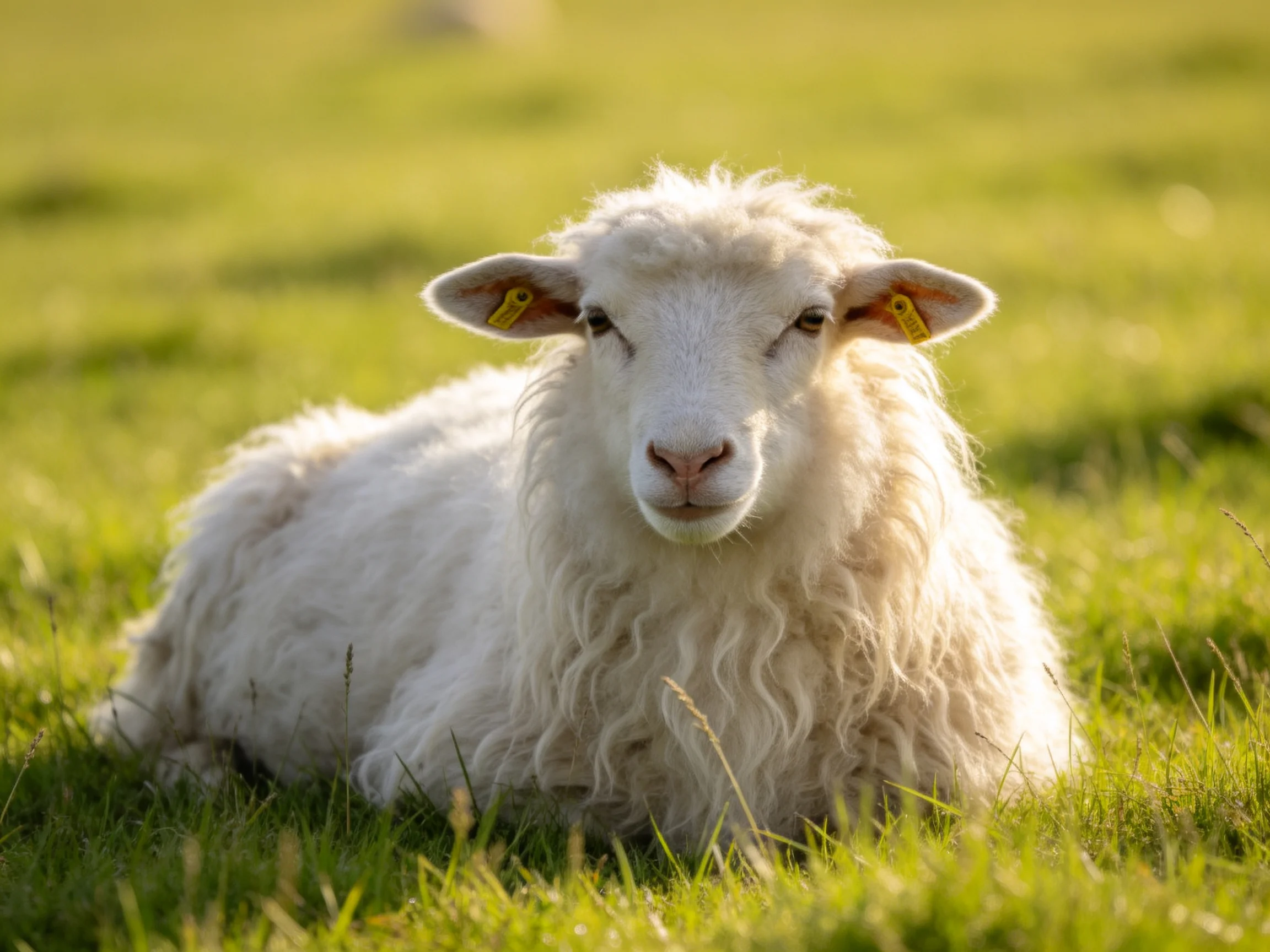 A fluffy white sheep resting in a sunlit grassy field