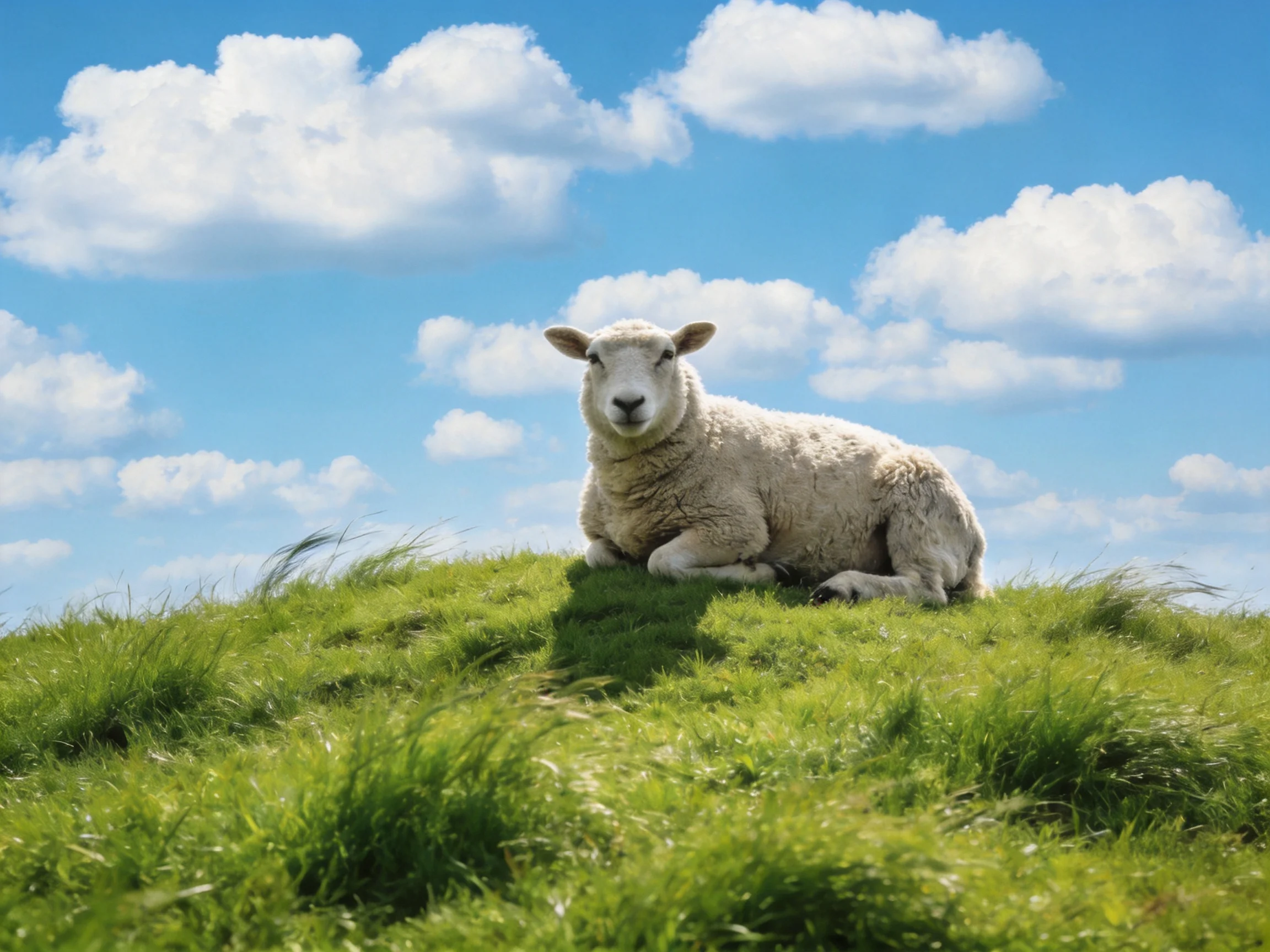A sheep rests on a grassy hill beneath a bright blue sky with clouds.