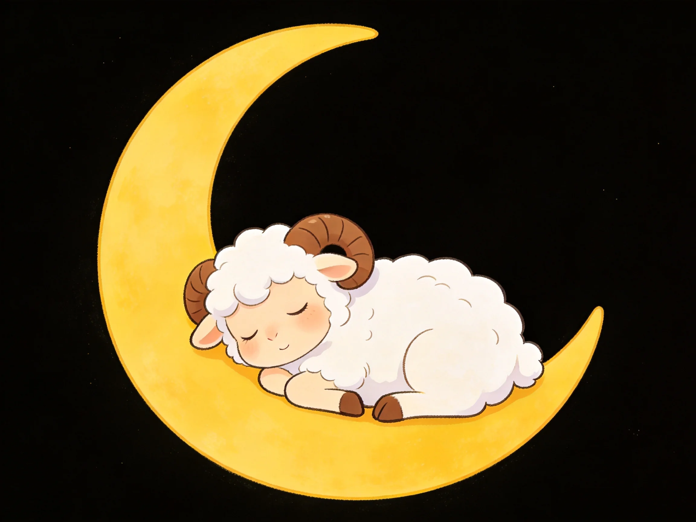 A fluffy white sheep sleeps on a yellow crescent moon
