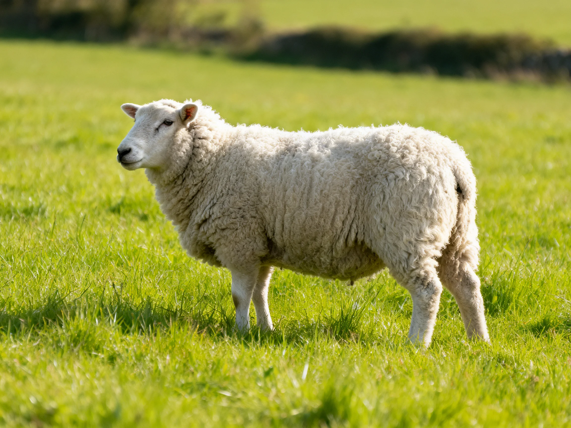A fluffy white sheep standing in a lush green pasture