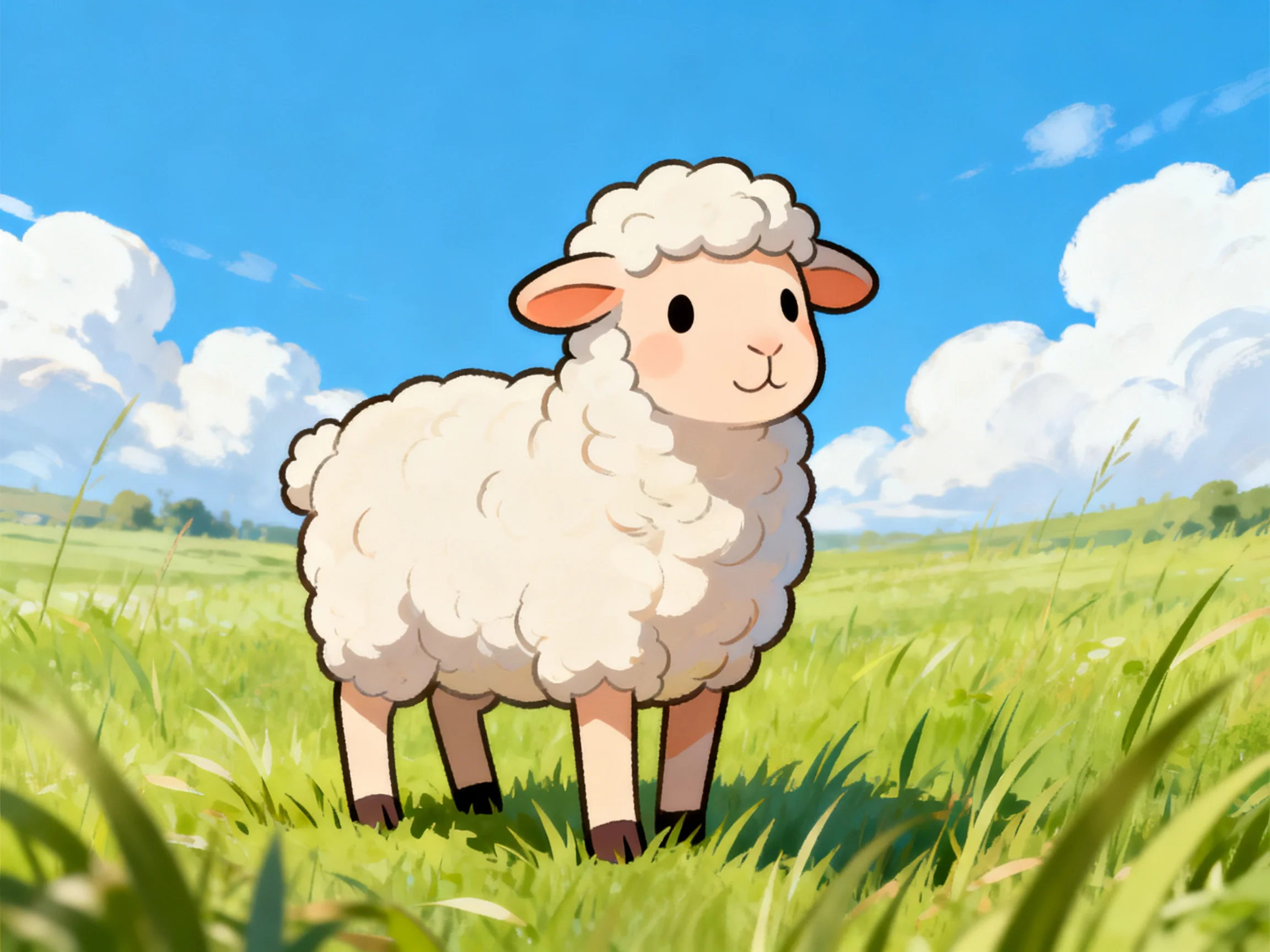 A fluffy white sheep standing ina bright green meadow