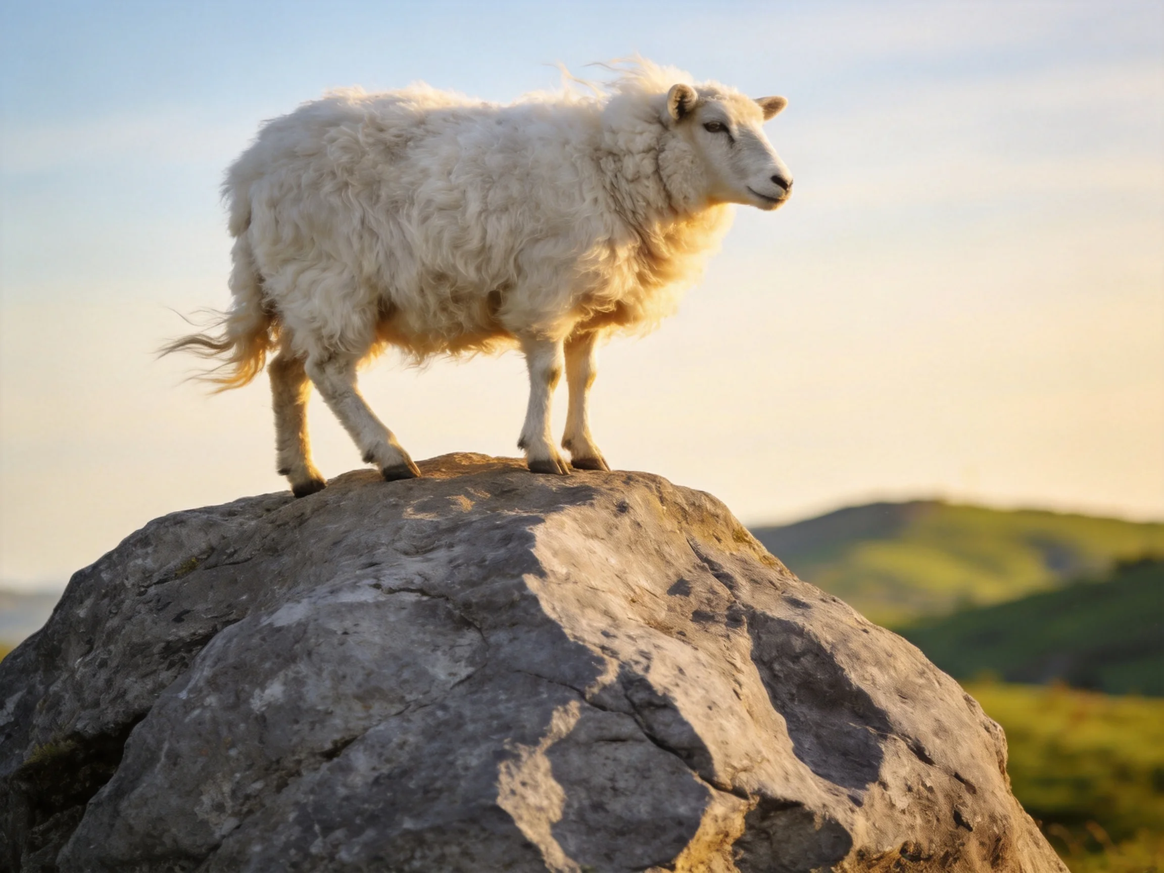 A fluffy white sheep stands atop a large gray rock